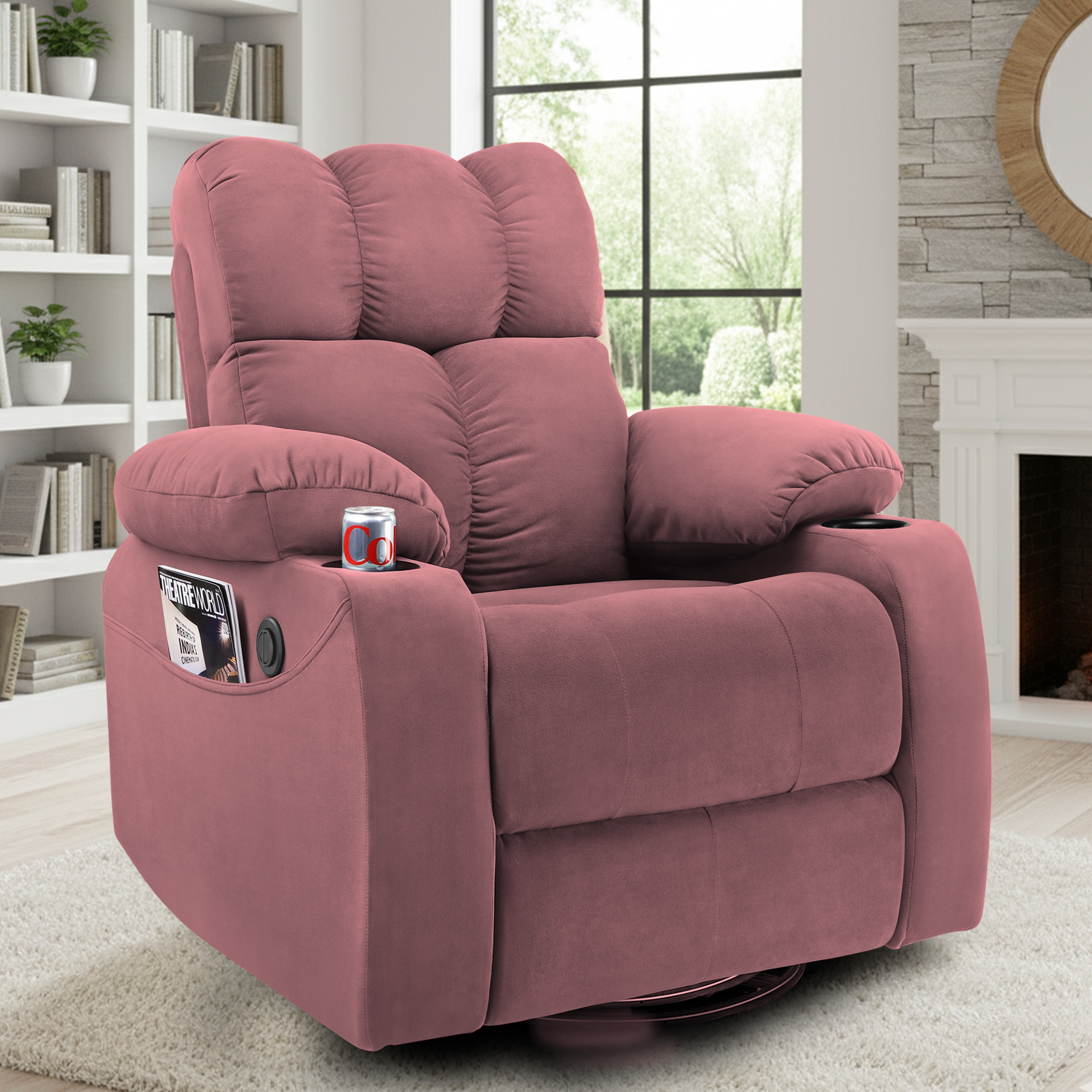 Helios Motorised Recliner Chair for with Rocking Revolving with Cup Holder and Pocket Premium Soft Suede Fabric 1 Seater Chair - Green