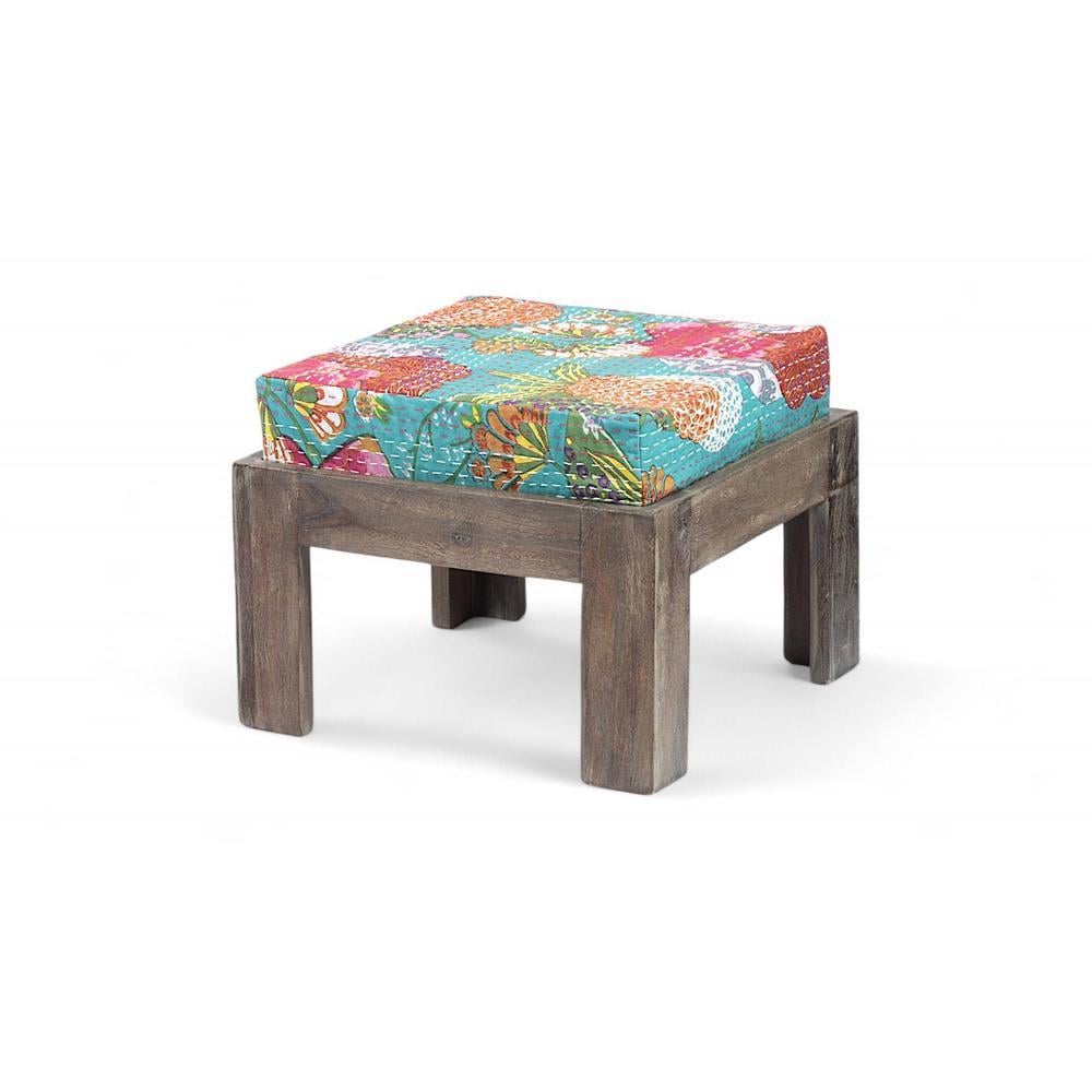 Blane Sheesham Wood 4 Seater Coffee Table Set In Antique Grey Finish Floral Print Green Kantha Cushion