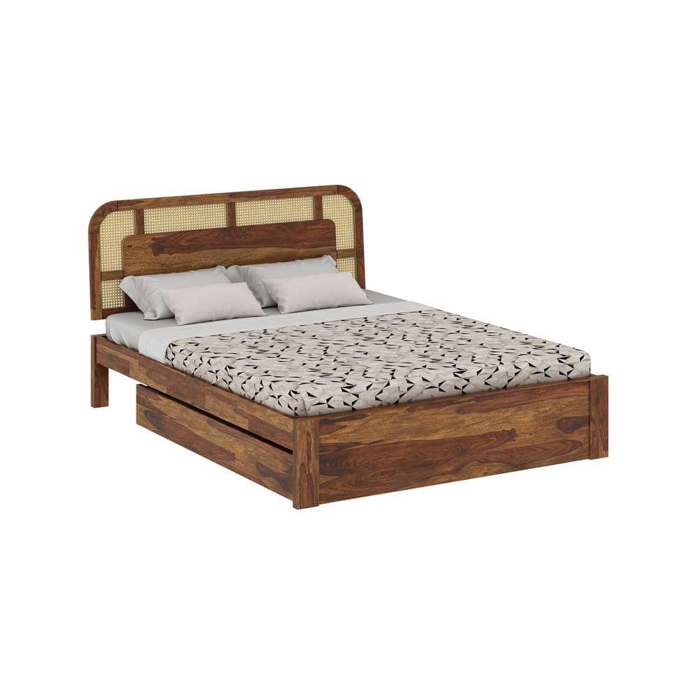 Sunburst Ratan Solid Wood Queen Size Storage Bed