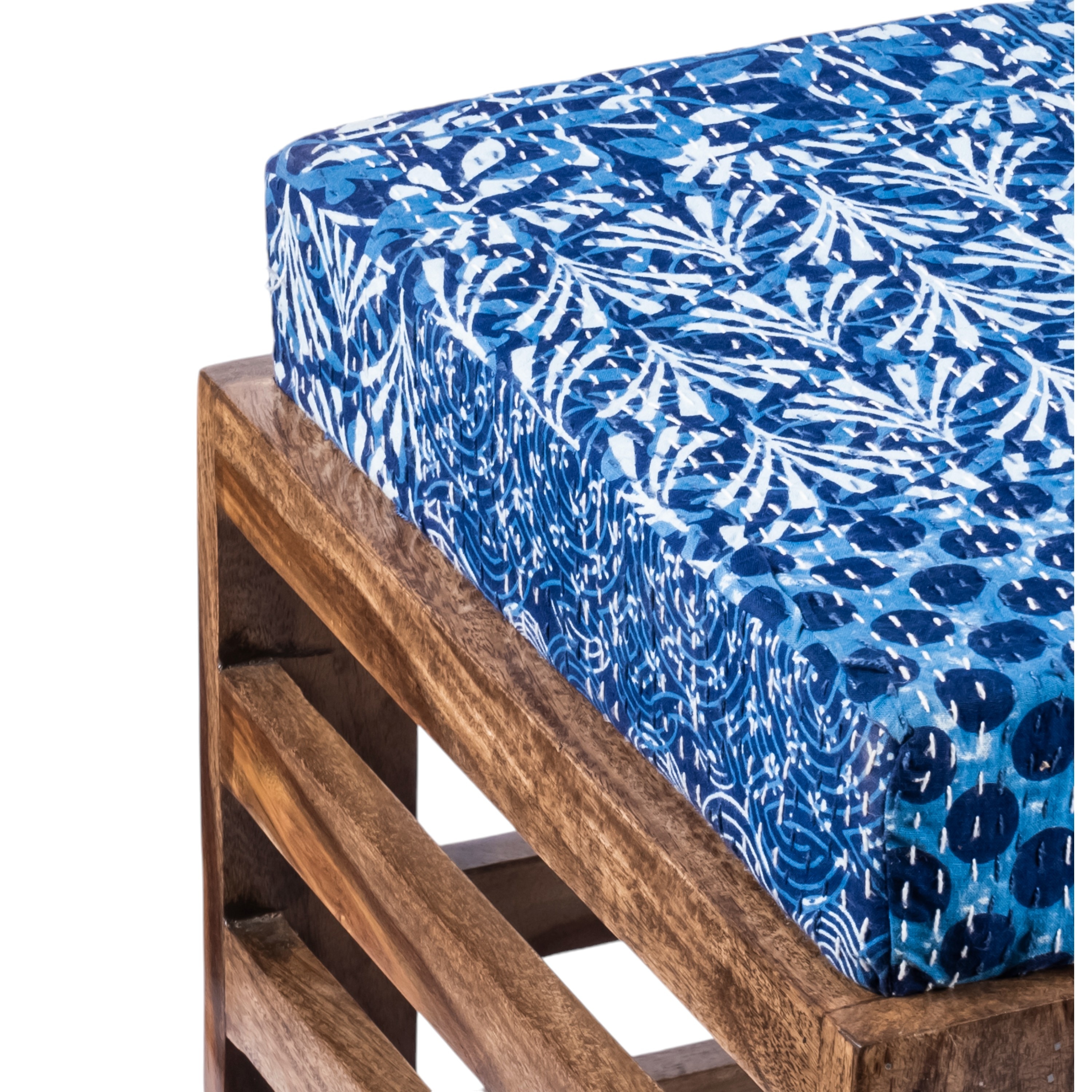 Houston Sheesham Wood Stool with Indigo Patch Kantha Cushion