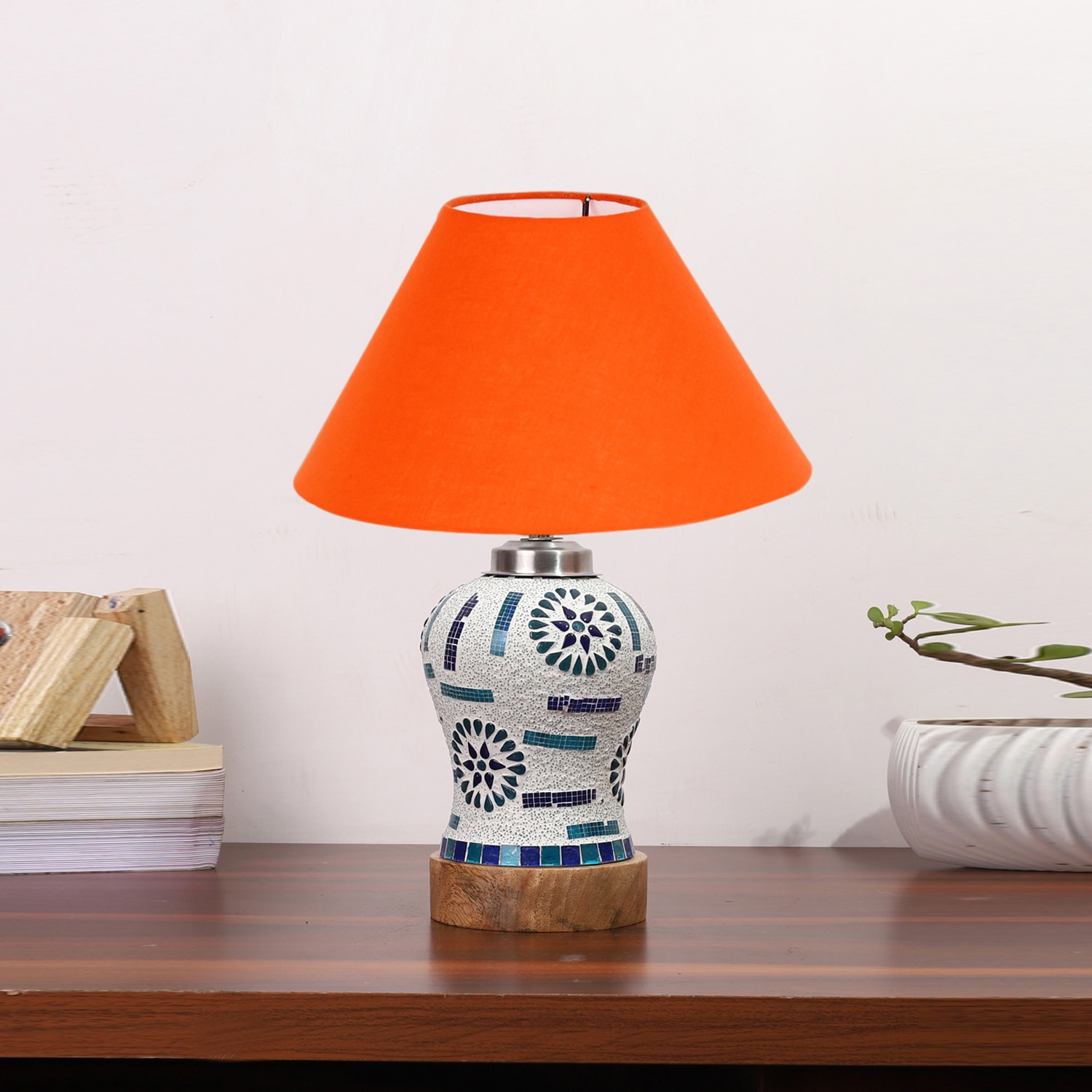 Devansh Conical Orange Cotton Shade Lamp With Wood & Mosaic Glass Base For Decoration/Office/Home/Gifting/Study For Decoration/Office/Home/Gifting/Study -(10X10X14.5) Inches -A