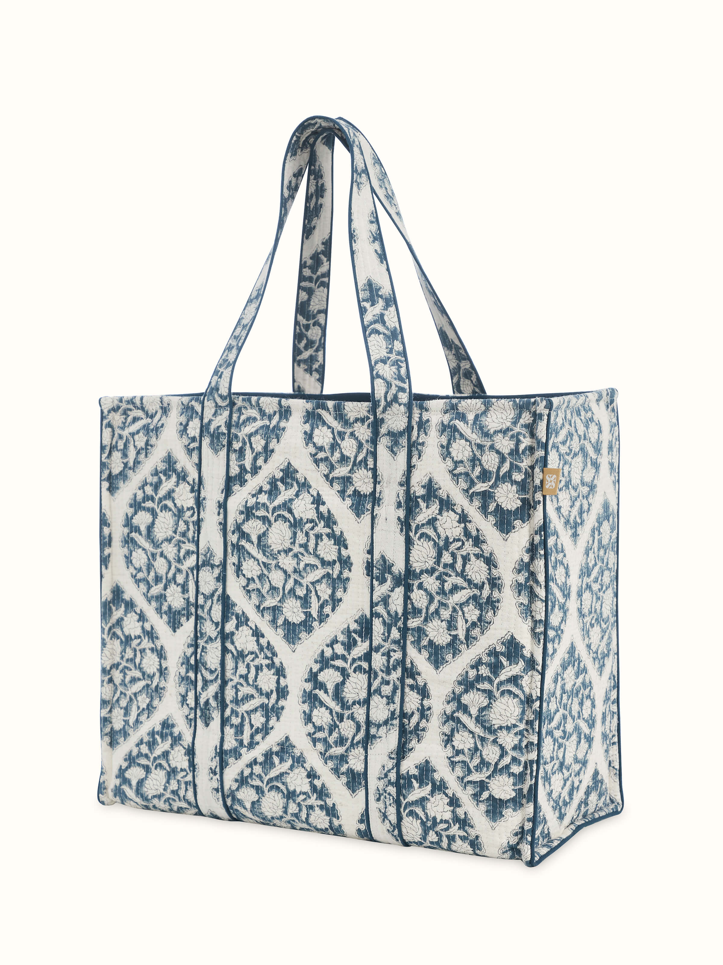 Blue Handblock Printed Quilted Tote Bag