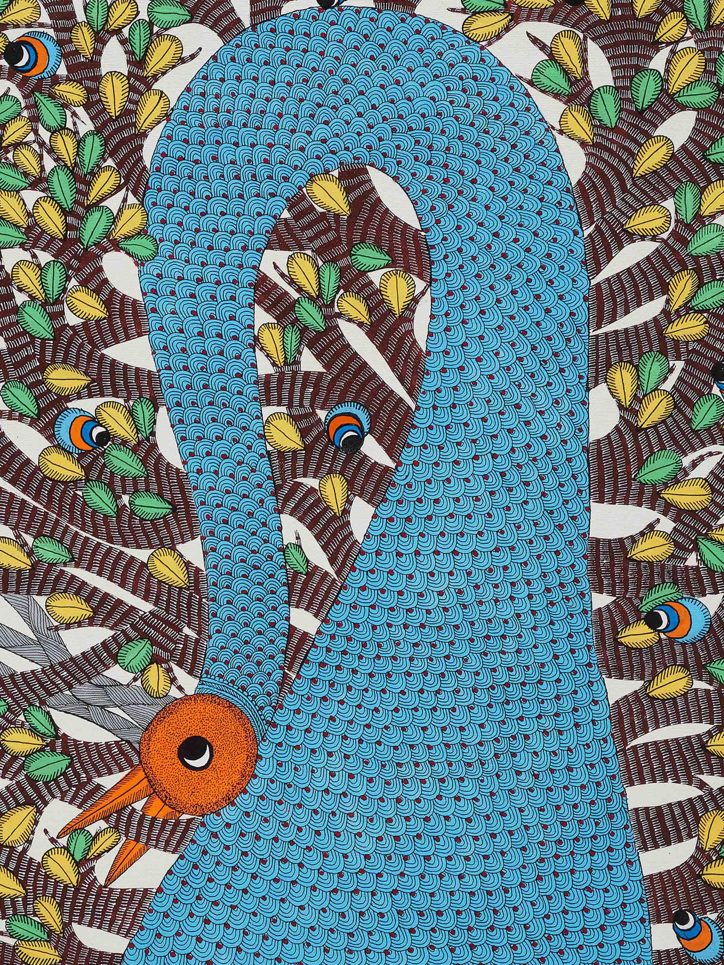 Detailed close-up of Gond Chitrakari Painting showcasing the fine detailing of the geometric and animal designs