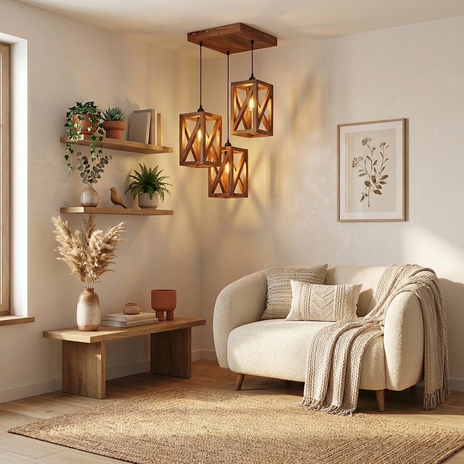 Symmetric Brown Solid Wood Cluster Hanging Light