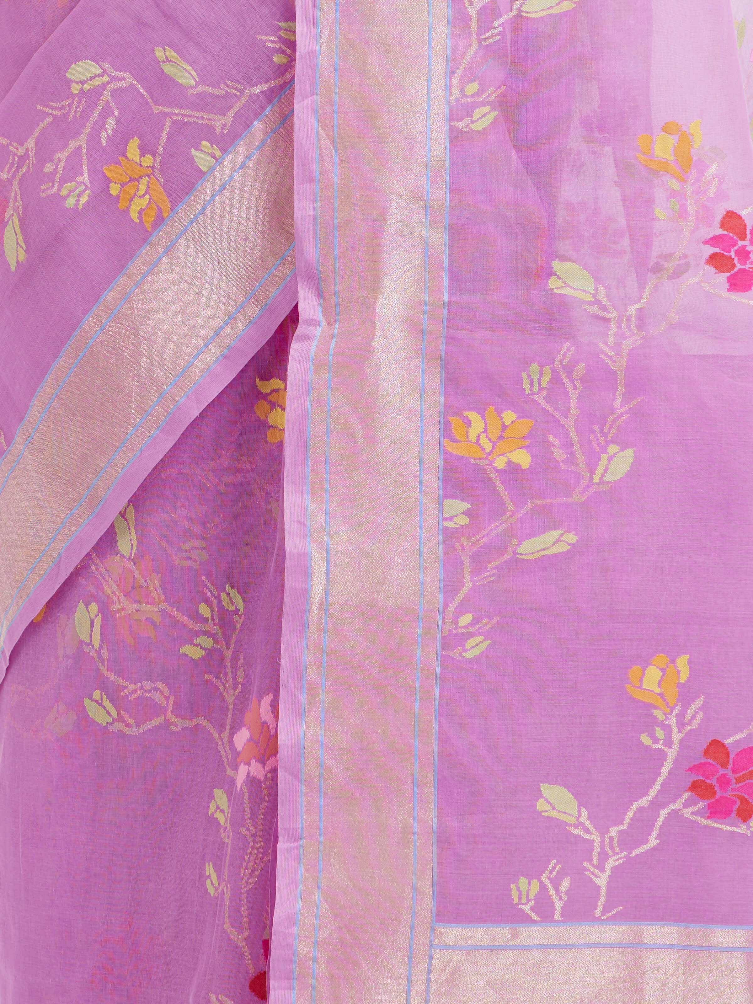 Detail view of lavender cotton Awadh Jamdani Banarasi saree showing fabric texture and craftsmanship