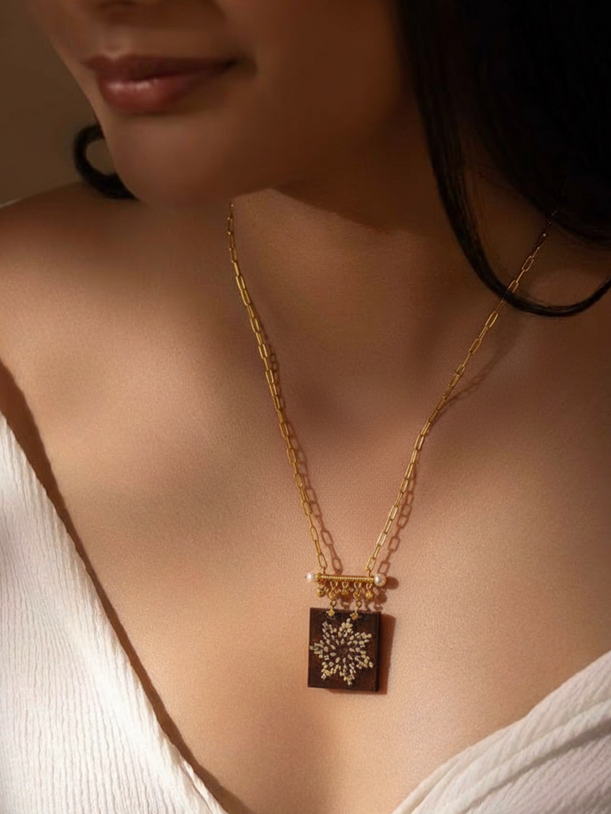 Lifestyle view of Kutch Leather Silver Long Necklace — Swadesh