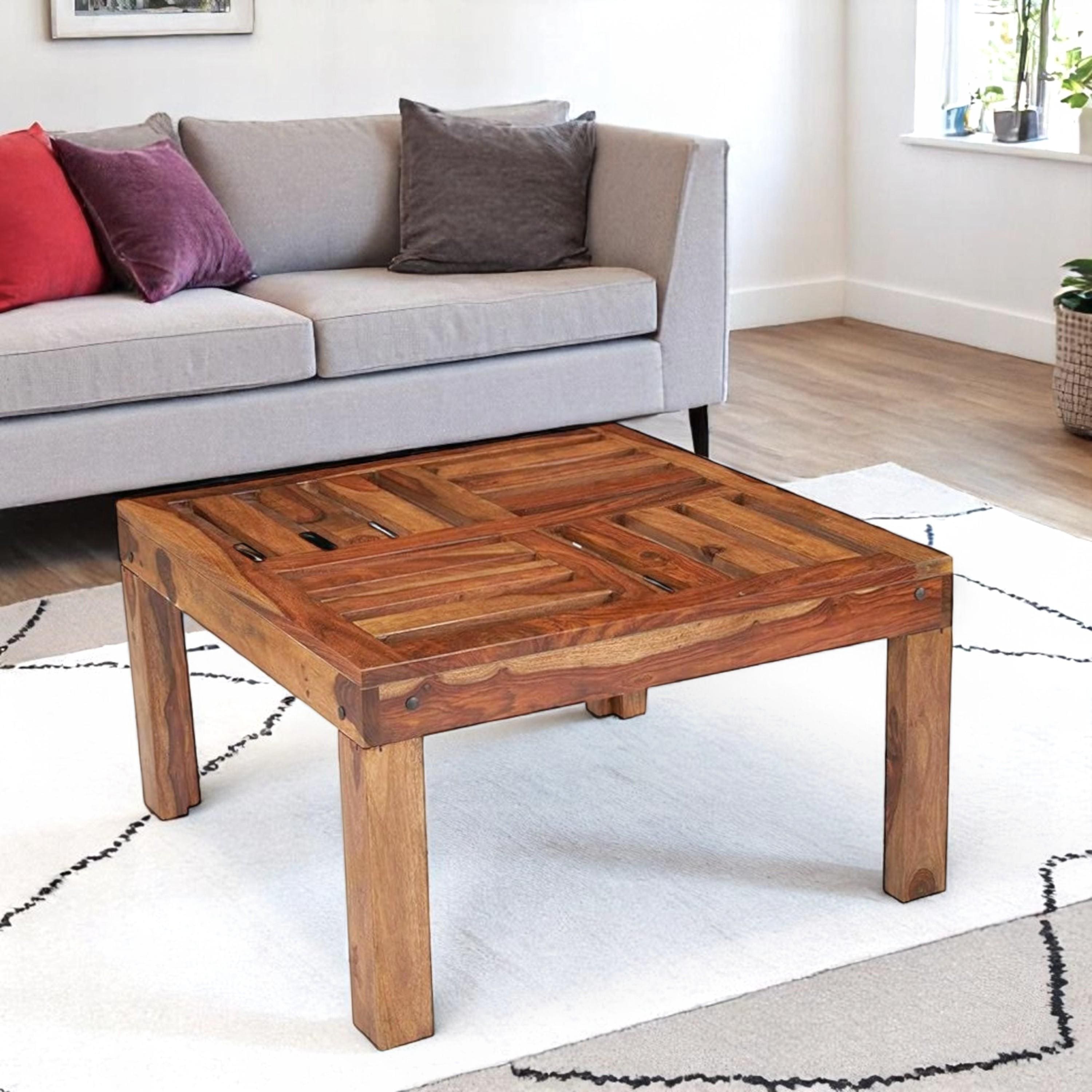 Sydney Sheesham Wood Contemporary Square Coffee Table In Natural Teak Finish