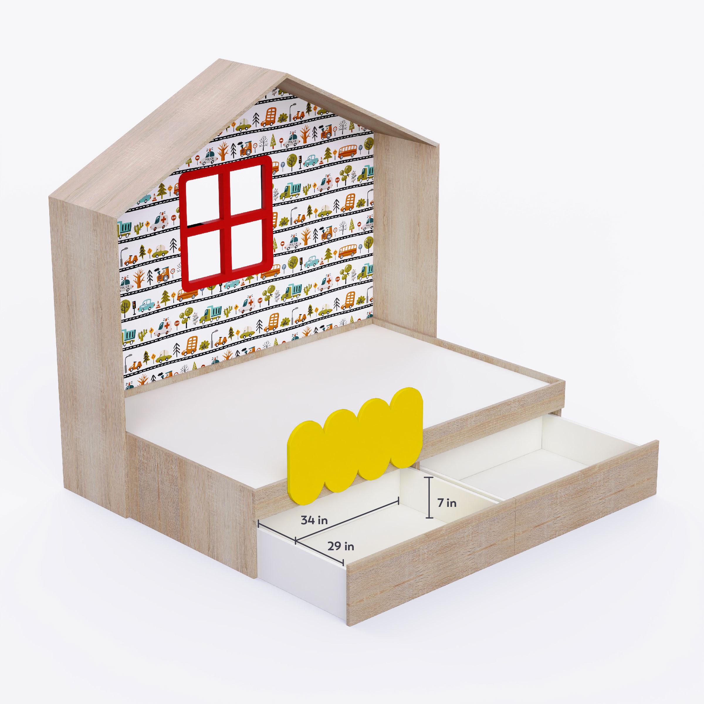 Little Hut Bed  6X3 ( Drawers On Wheels) In Oak & Yellow Colour