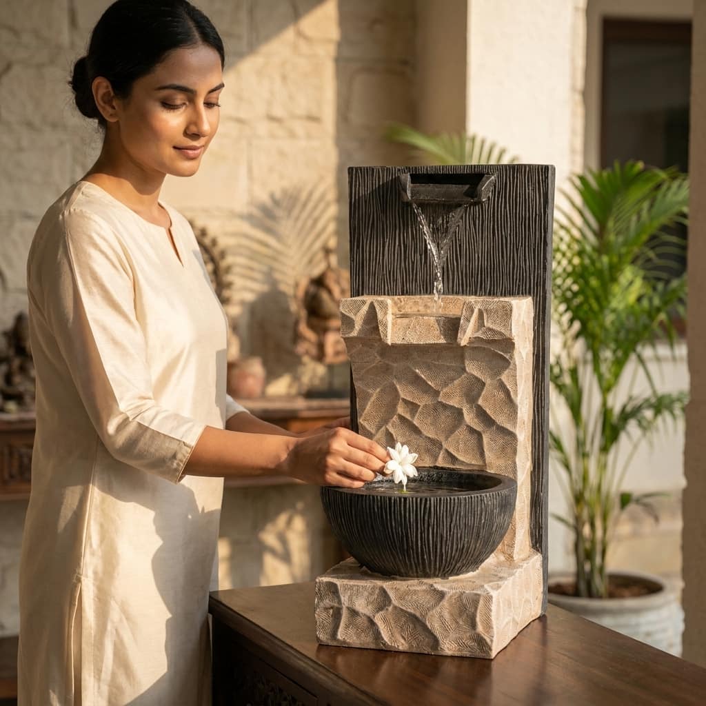 Water Fountain Ivory Pebble Serenity Water Fountain in Multicolor Colour - Vedas
