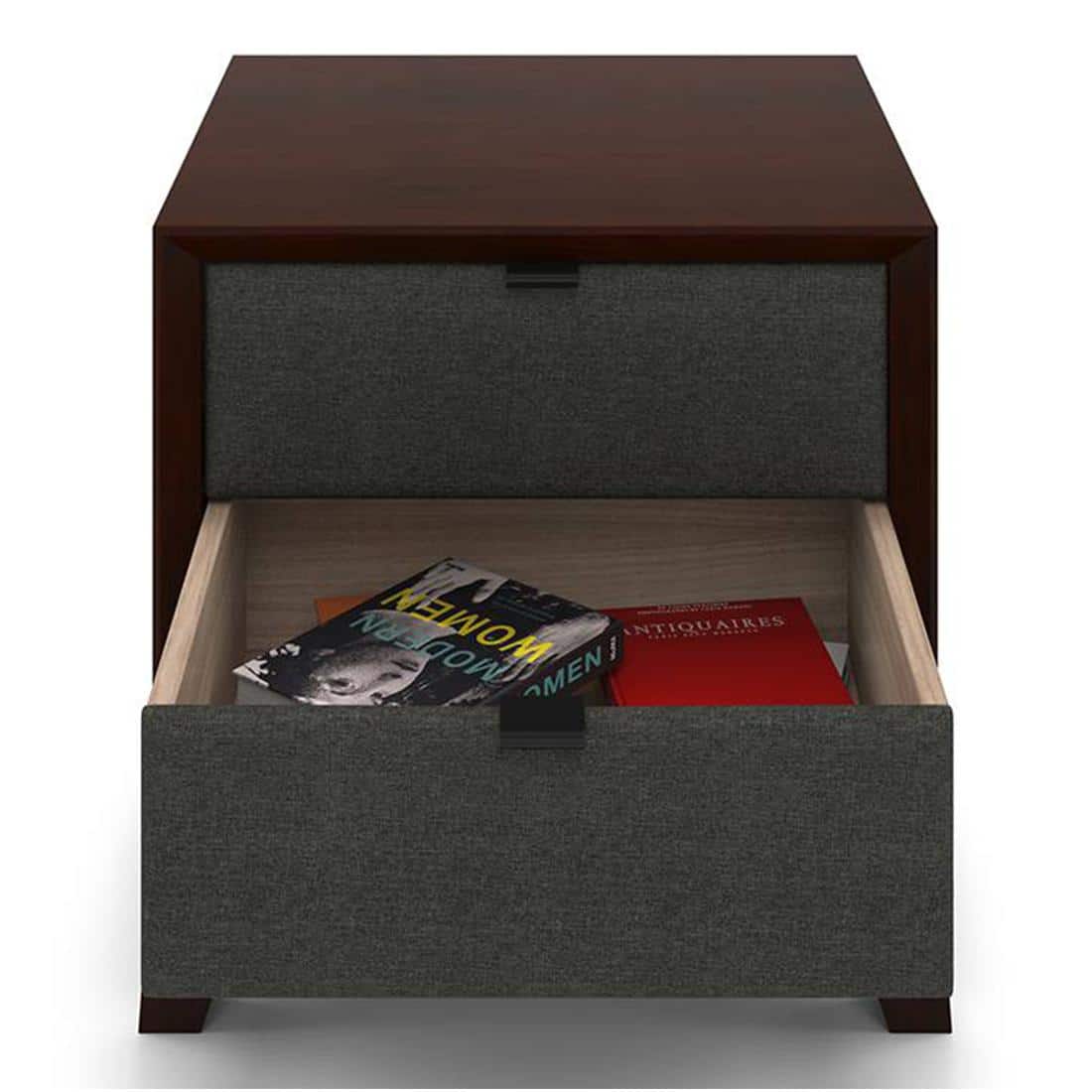 Martino Upholstered Solid Wood Bedside Table in Dark Walnut Finish