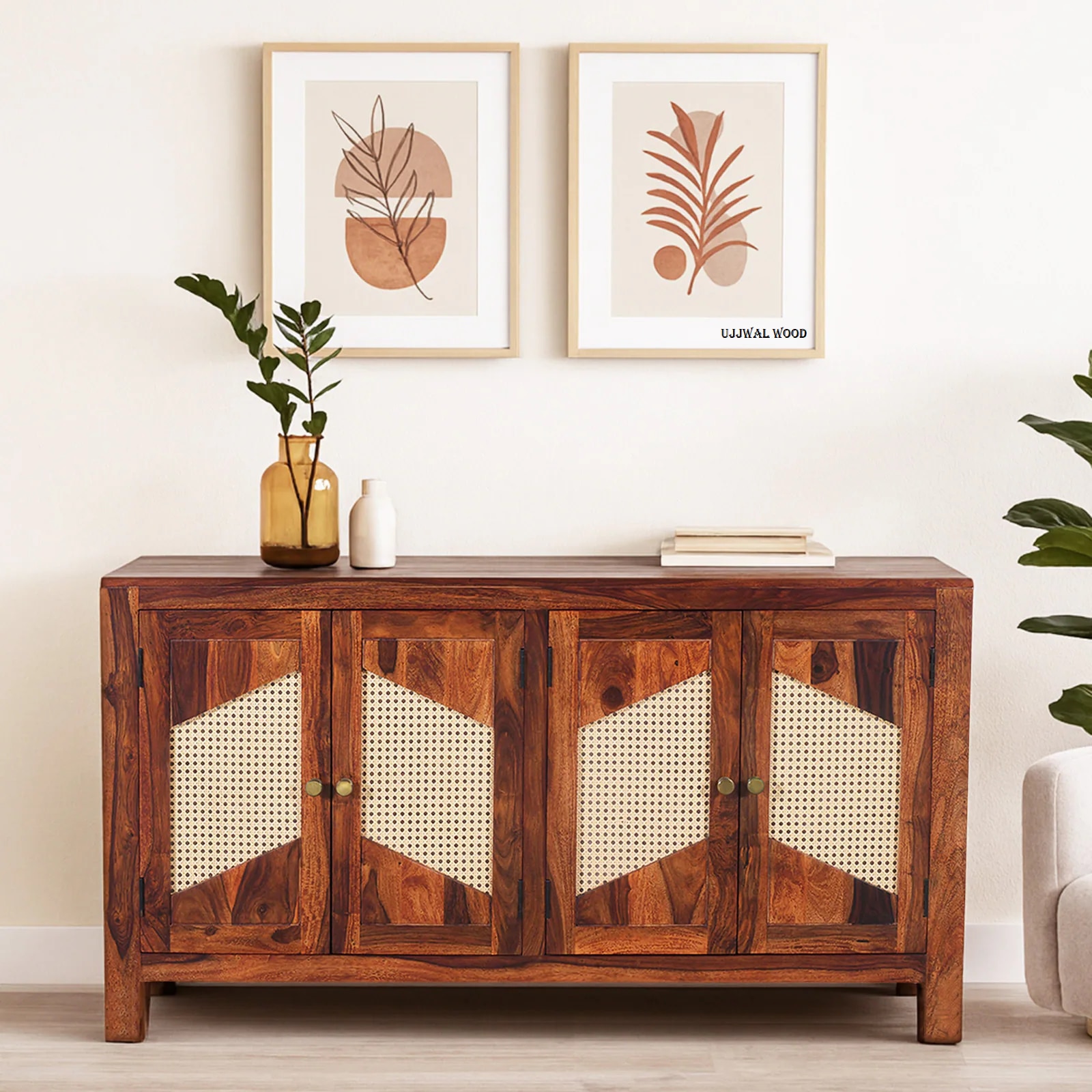 Sheesham Wood 4 Door Sideboard In Honey Oak Finish - Ujjwal Wood