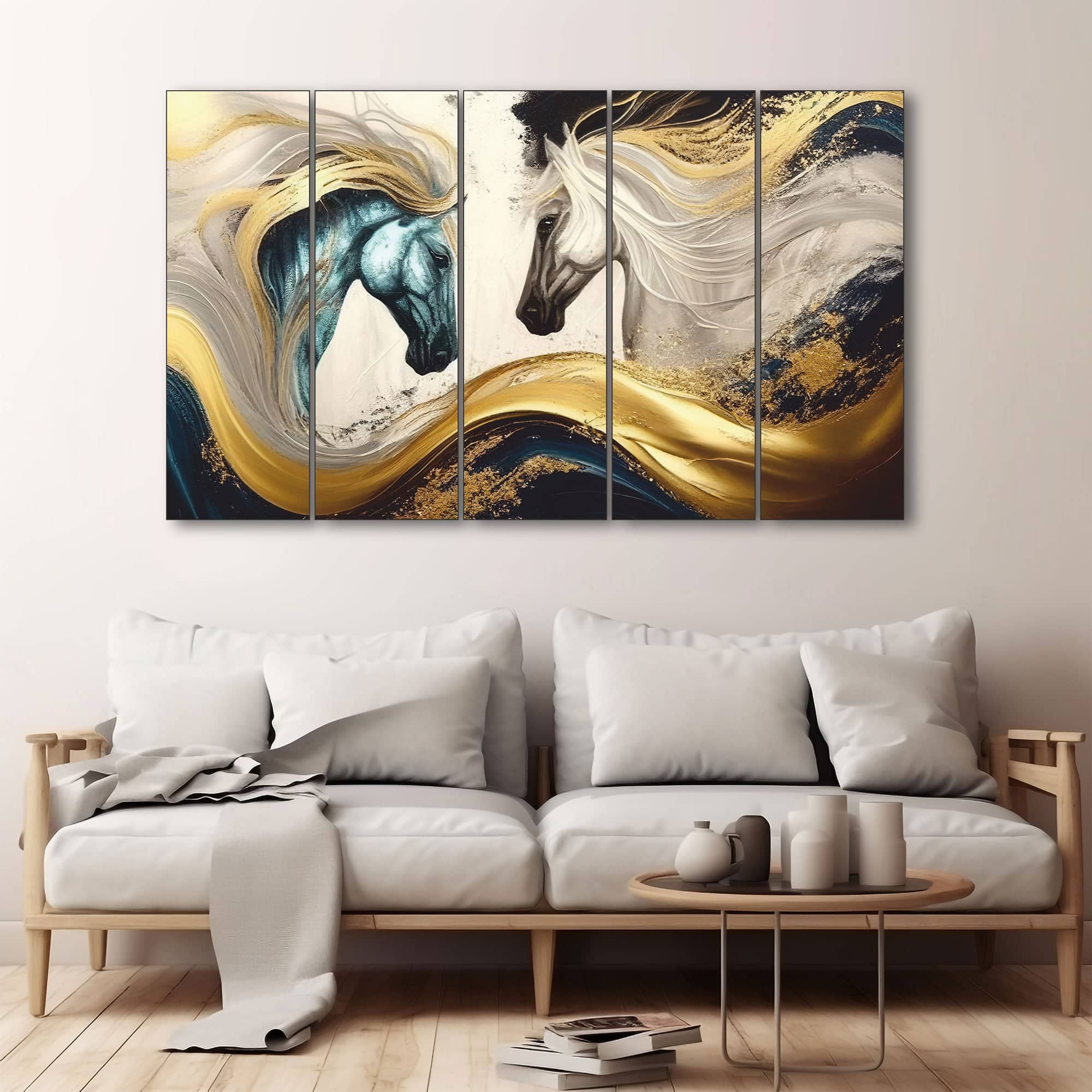 The Castle Decor Vastu Modern Horses Wall Art Set of 5 27x48 Inch - The Castle Decor