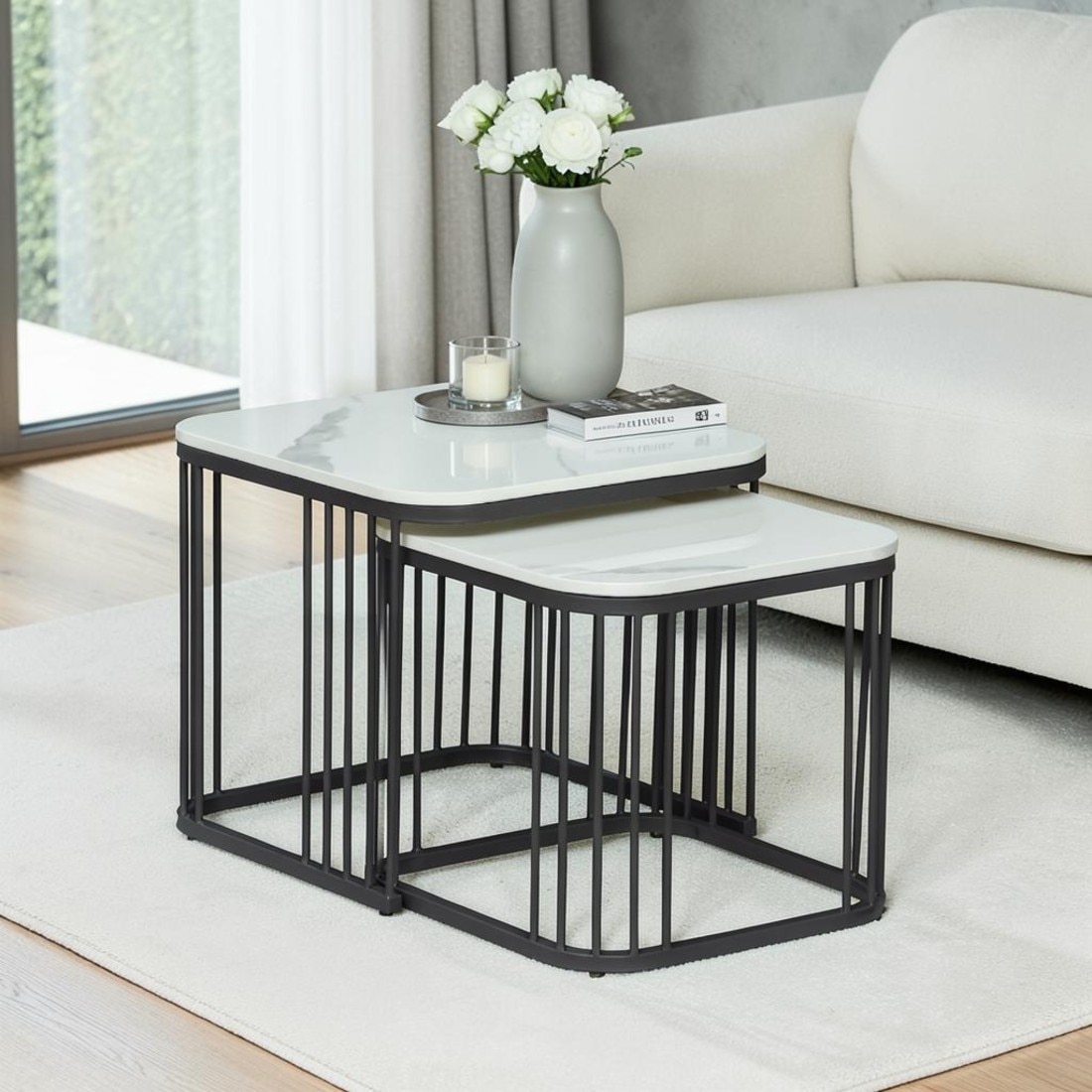 Furnamet Square Metal Nesting Coffee Table Set Black Finish White Porcelain Top Set Of 2 - Bhavya Exports