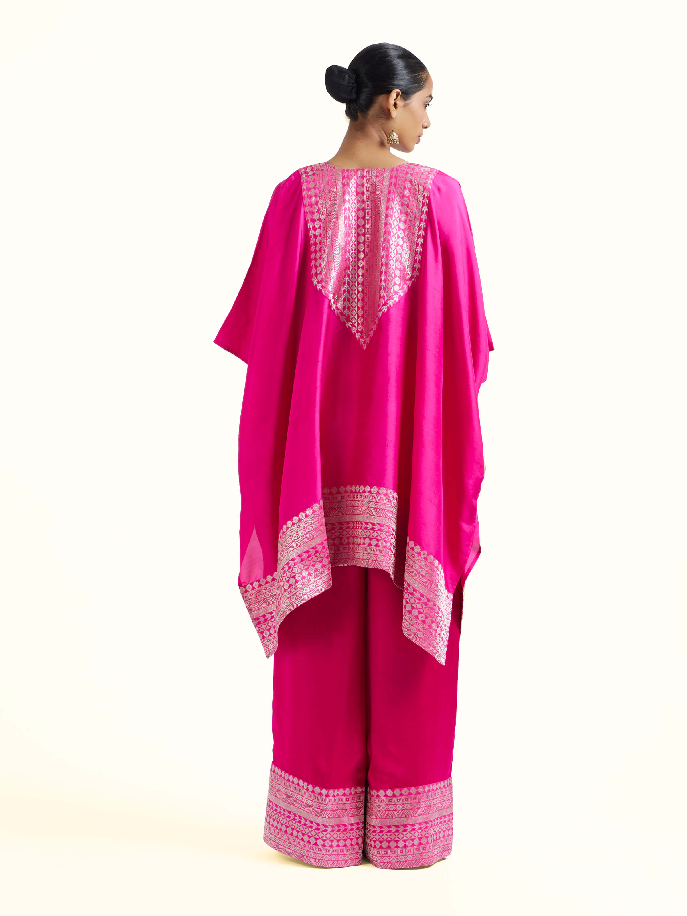 Back view of pink silk Banarasi co-ord set displaying design details