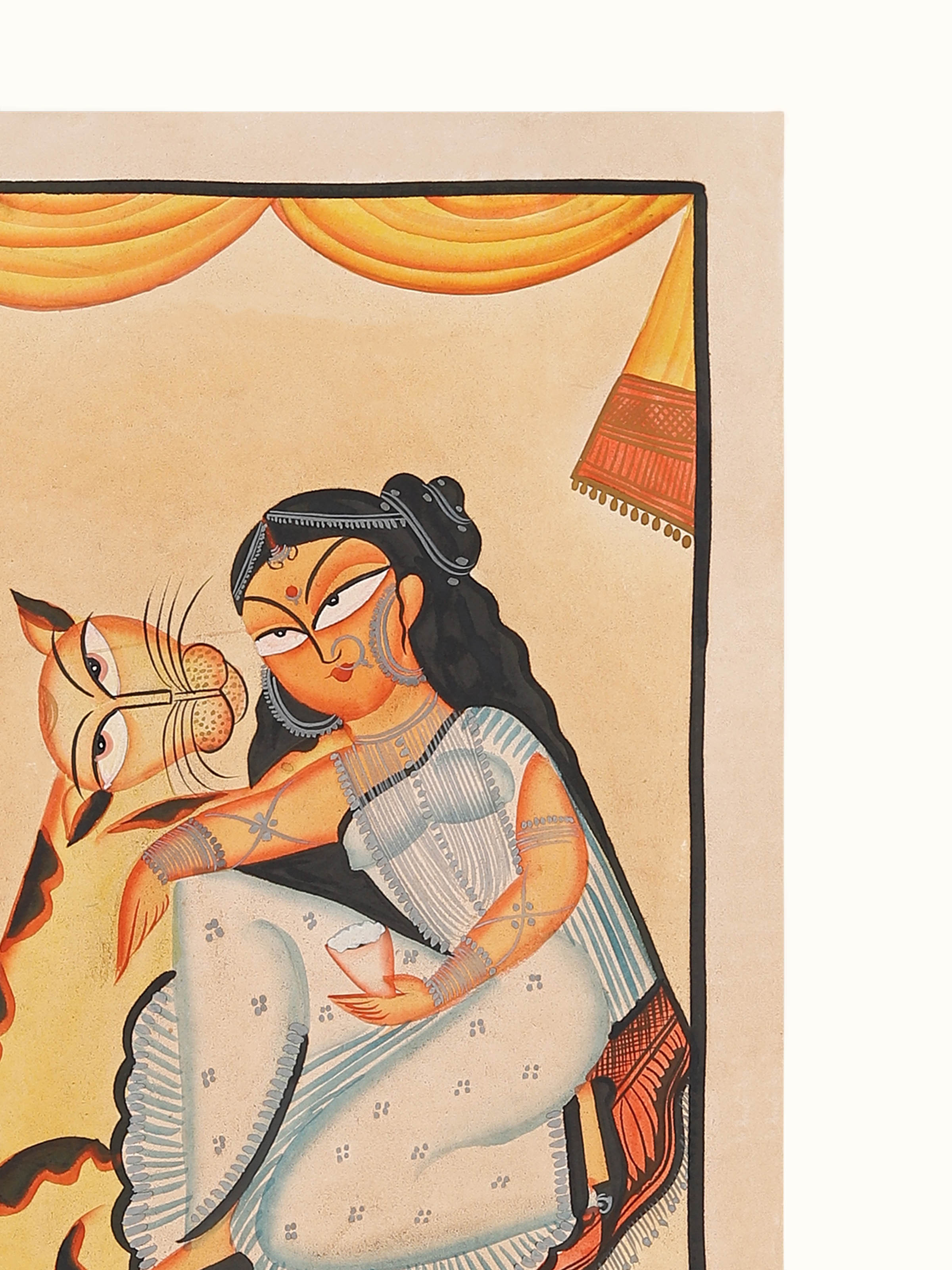 Close-up detail view of animal love Kalighat folk art painting texture