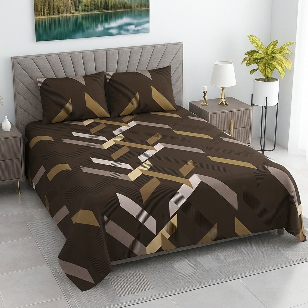 Yori Brown Geometric 400 TC Cotton Flat Double Queen Size Bedsheet with 2 Pillow Covers – Threads - Threads