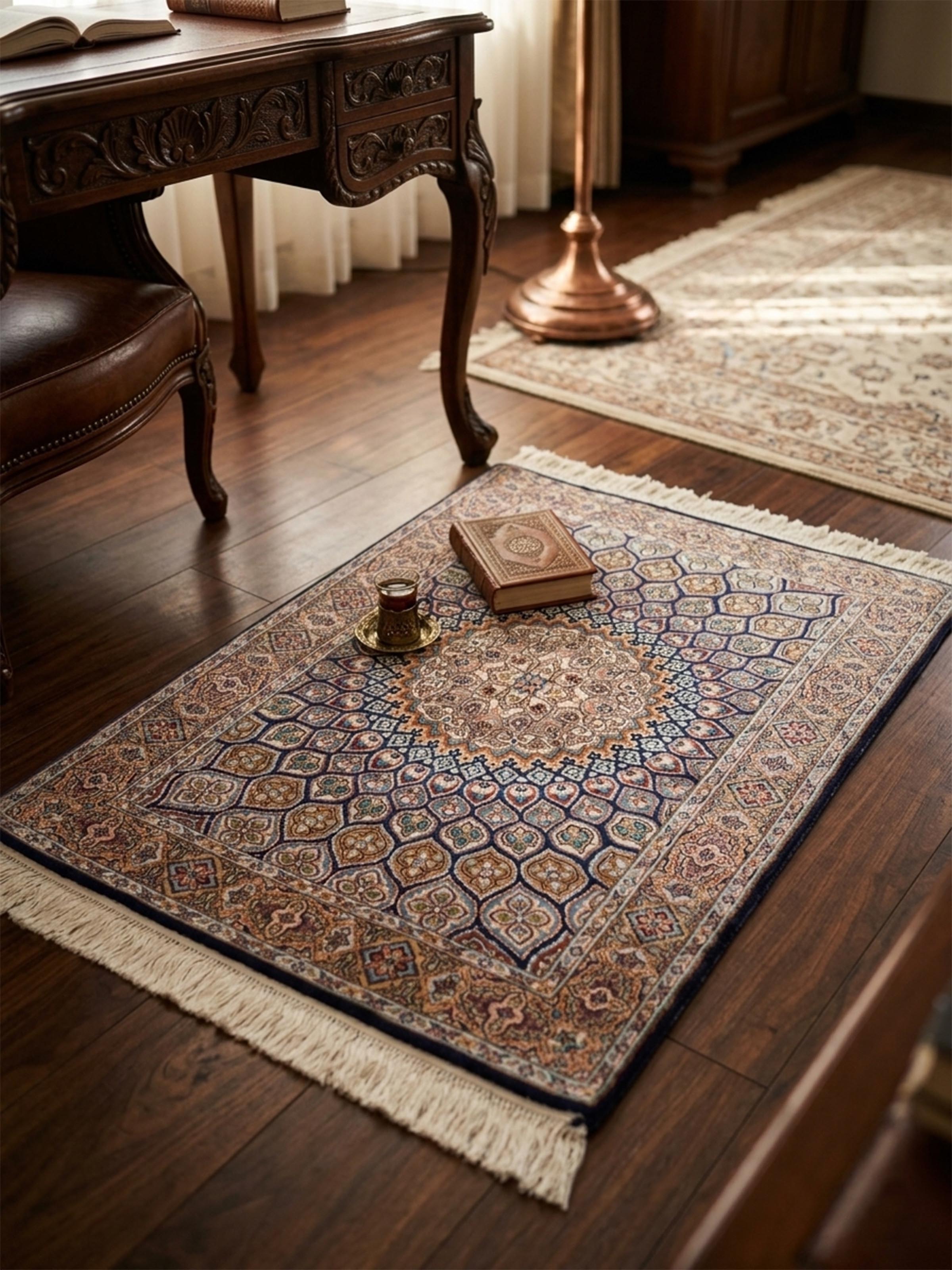 Traditional Persian Navy Ivory Medallion Kashmir Silk Hand-Knotted Carpet