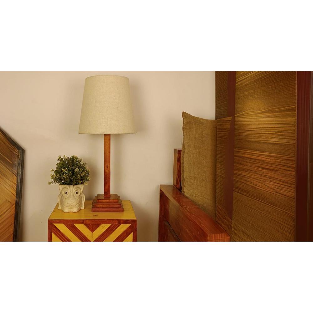 Babel Wooden Table Lamp with Brown Base and Premium White Fabric Lampshade
