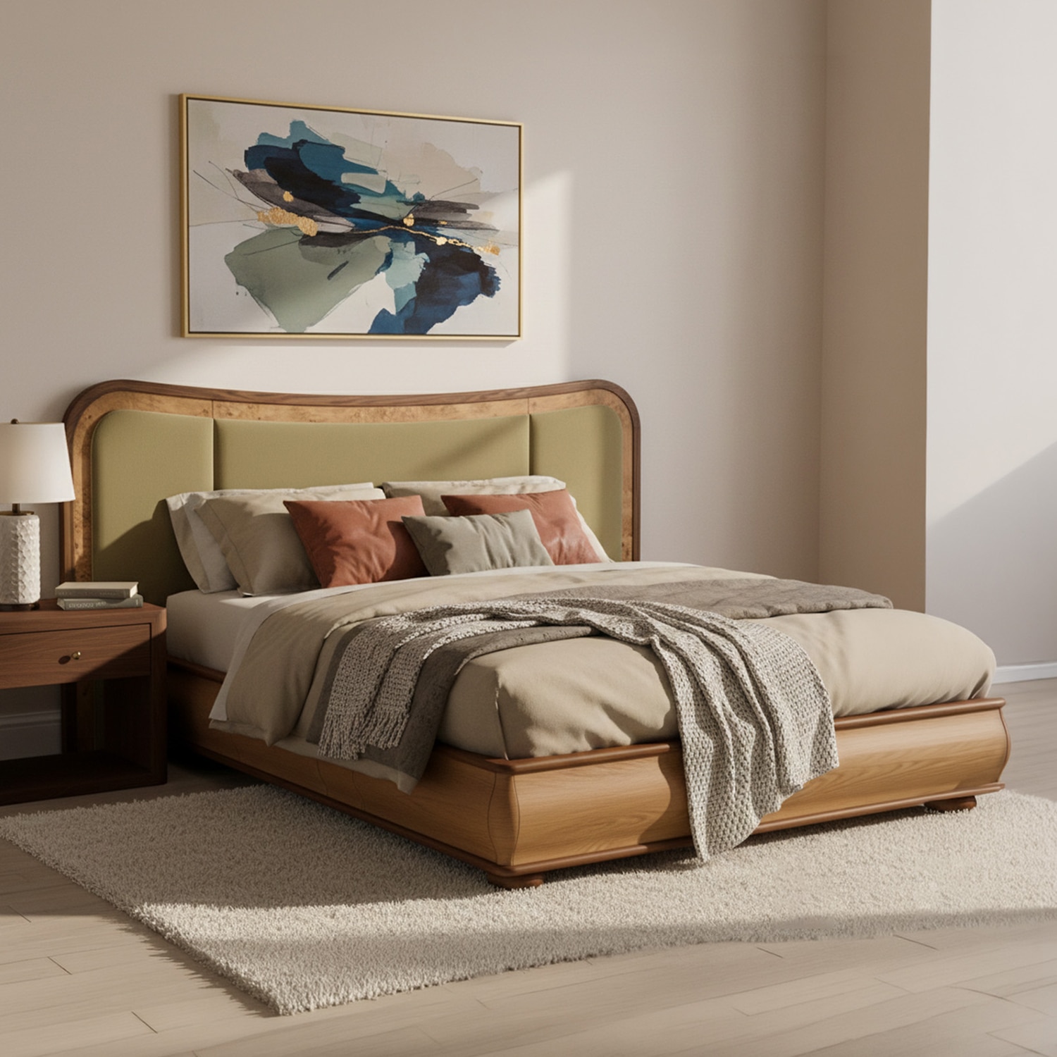 Elowen Softline King Size Bed in velvet With Oak wood Frame & Hydraulic Storage - Nestroots