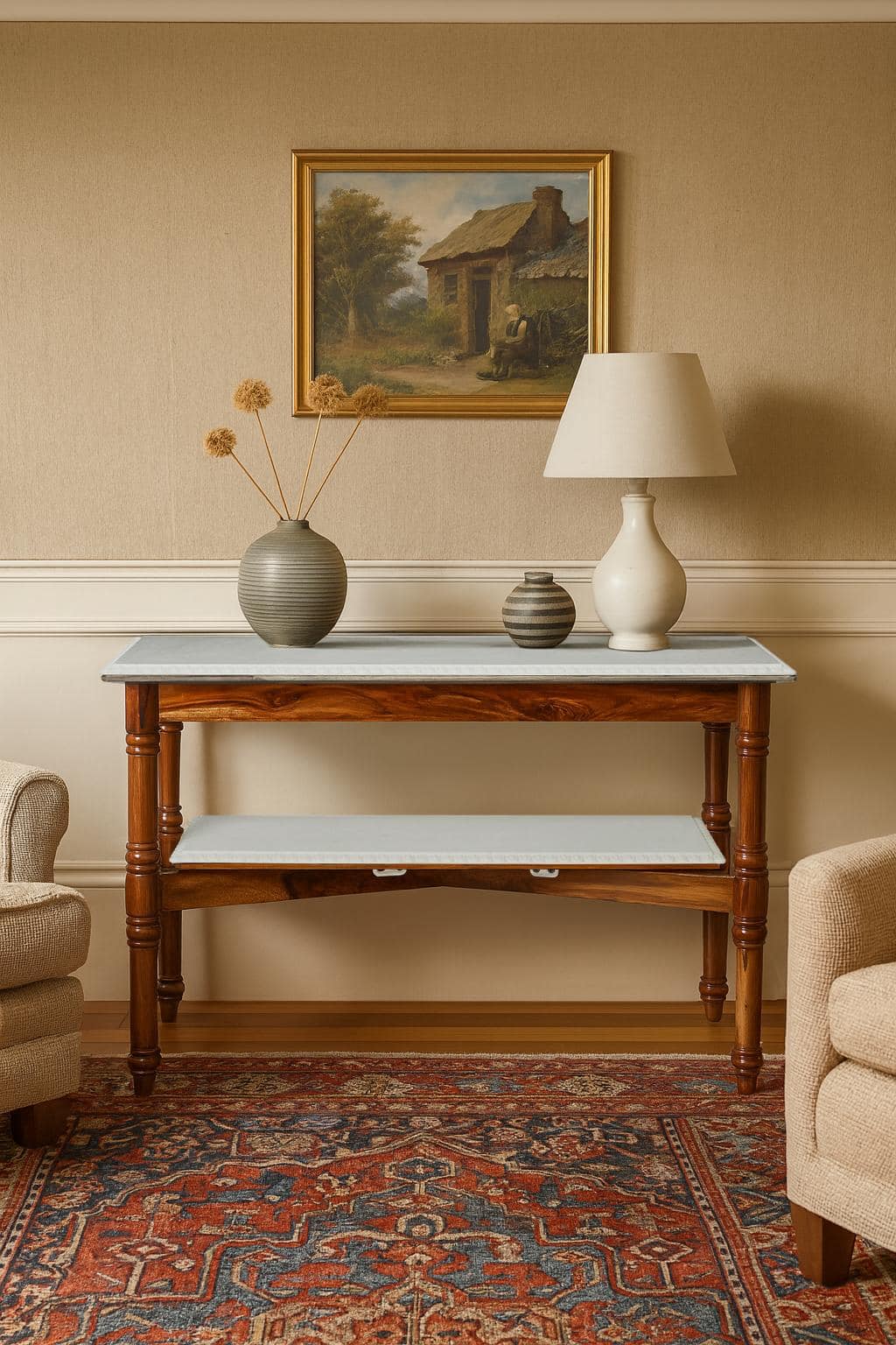 Walnut Finish Carved Marble & Sheesham Wood Console Table with Shelf