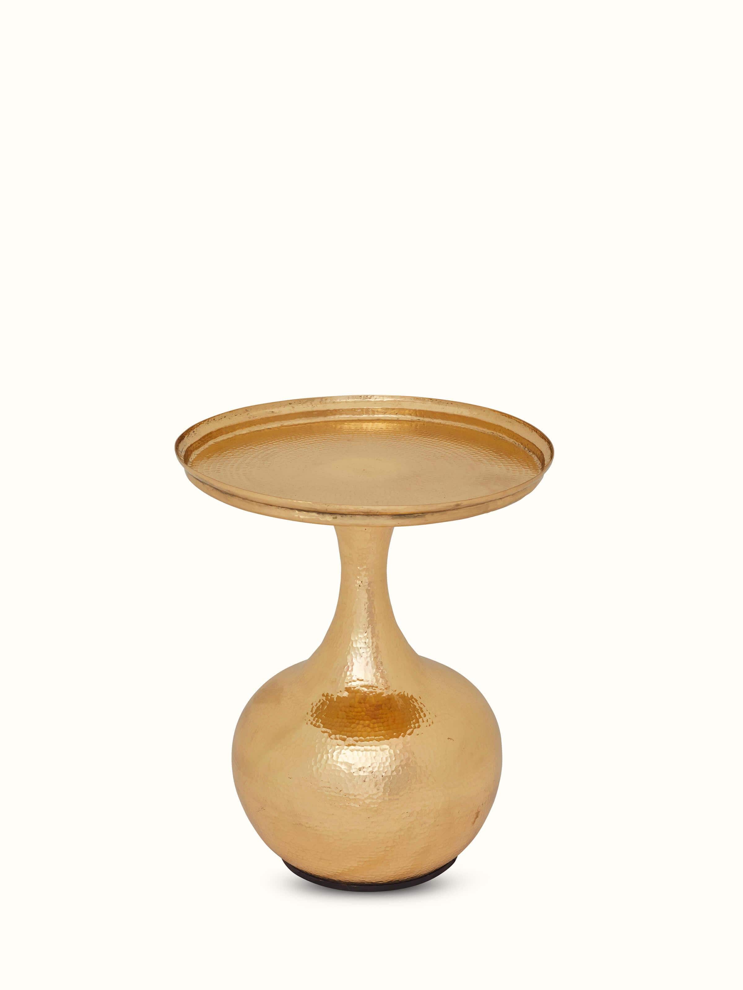 Close-up of the brass work on the Thathera end and side table, highlighting the detailed craftsmanship and pattern.