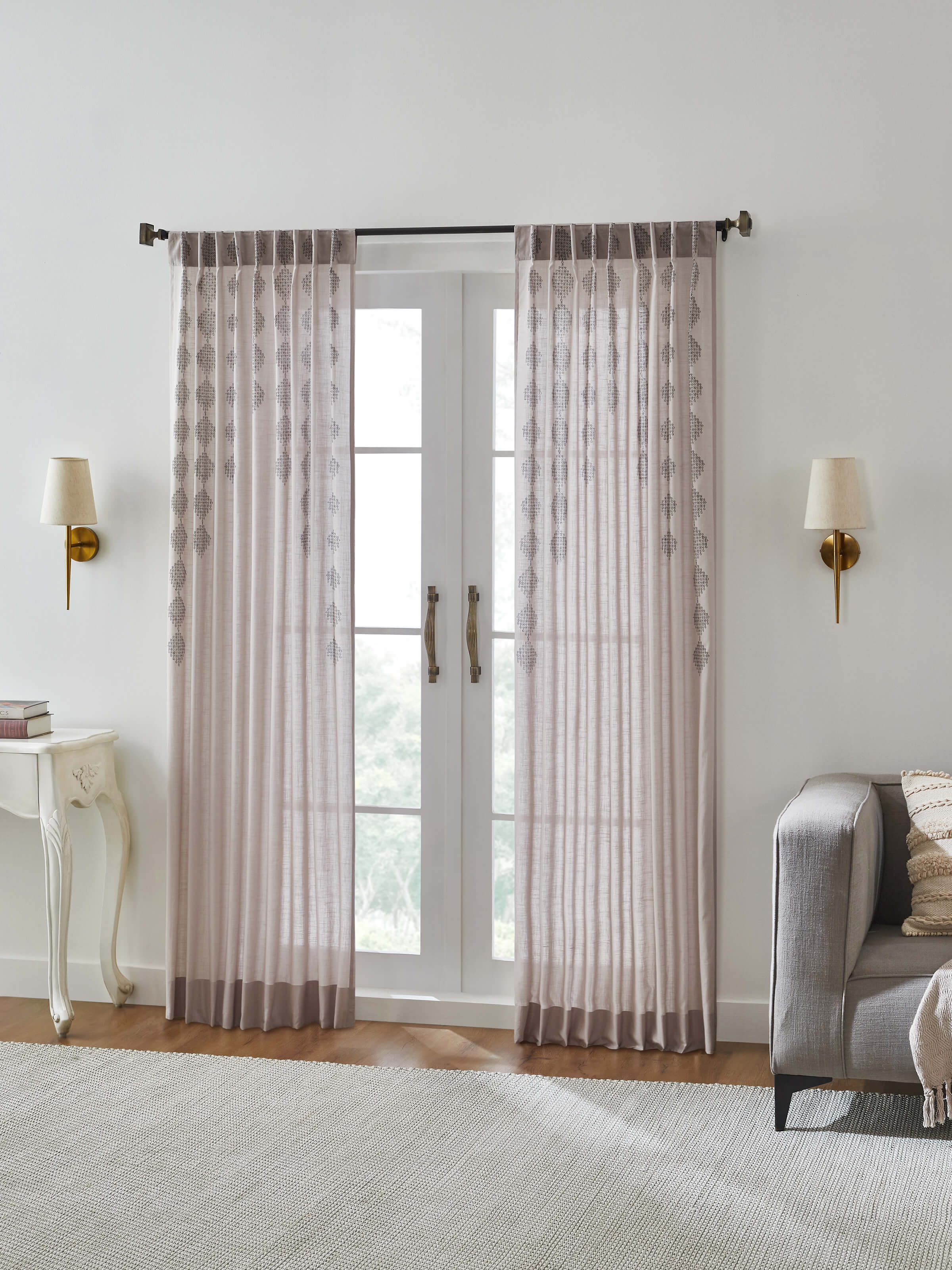 Rambagh Light Grey Modern Geo Diamond Cotton Sanganeri Block Printed Curtain (7 Ft)