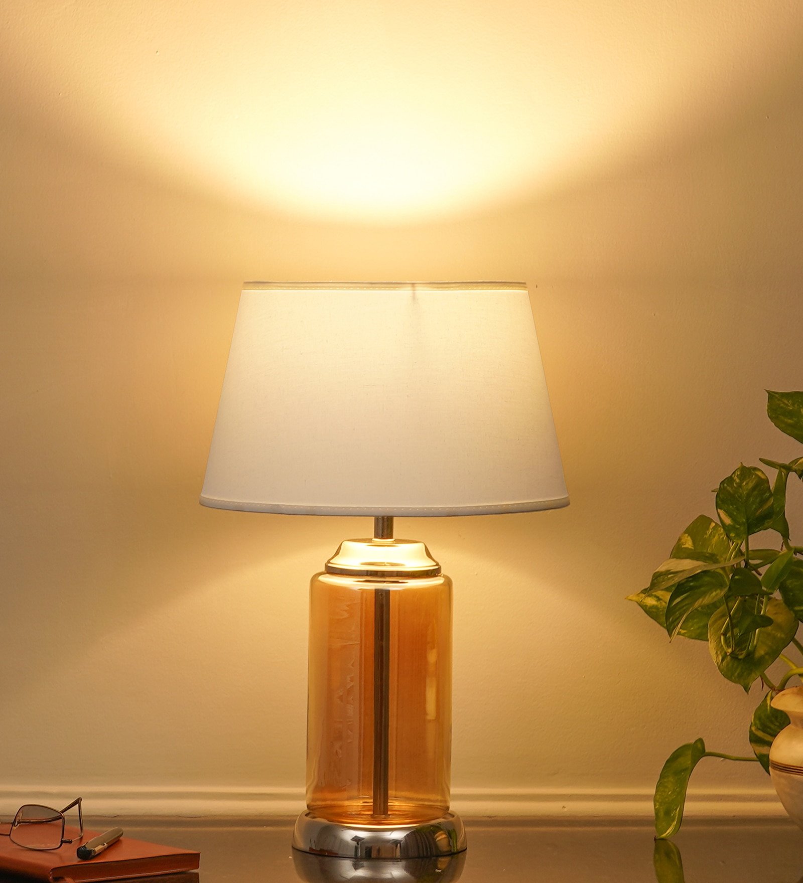 Duffield Amber Glass Table Lamp With White Cotton Shade