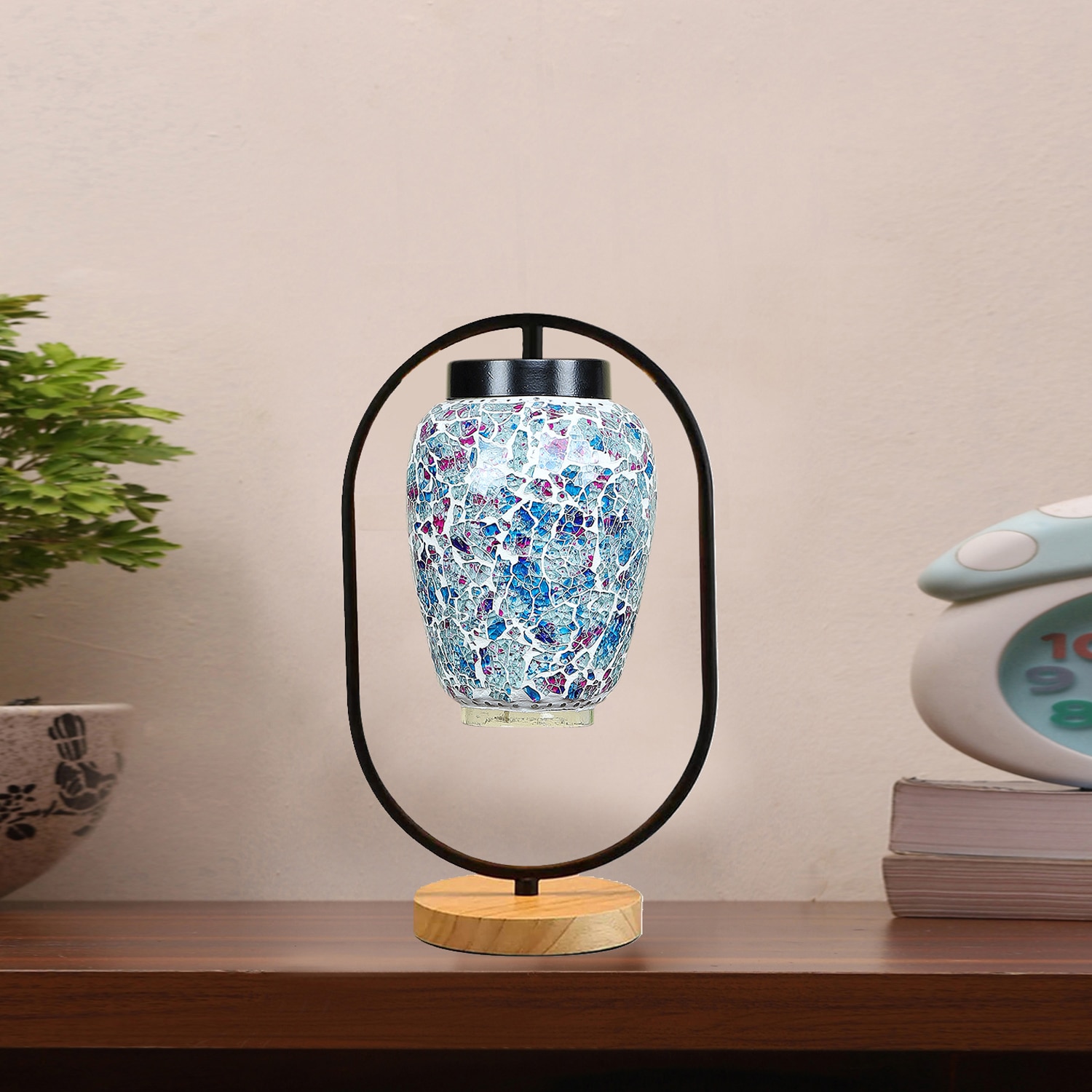 Devansh Multicolor Glass Wooden & Iron Table Lamp -17 Inch Height -Lpo