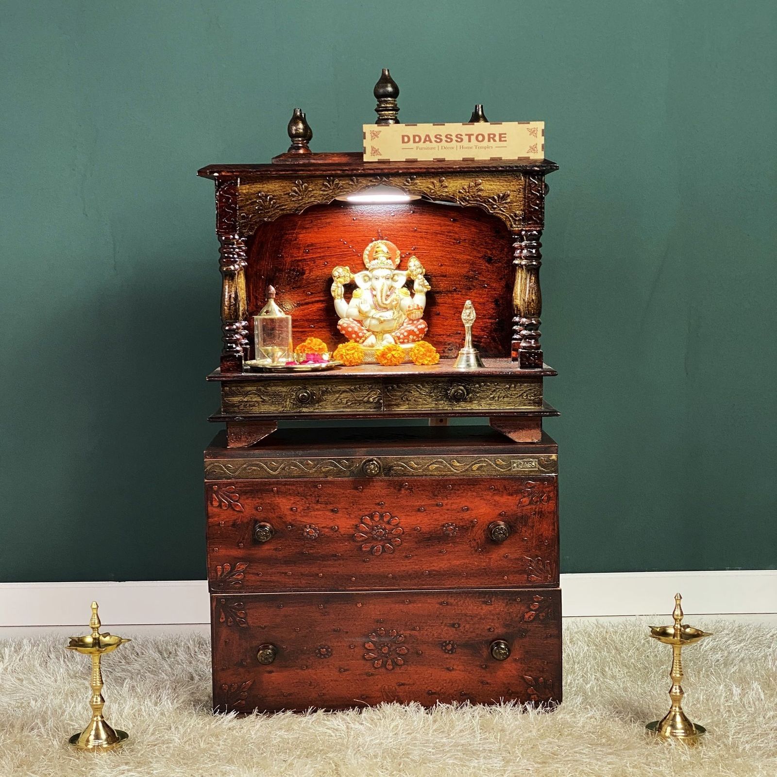 D'Dass Multi Color Mdf and Sheesham Wooden Temple With Cabinet For Pooja - D'DASS
