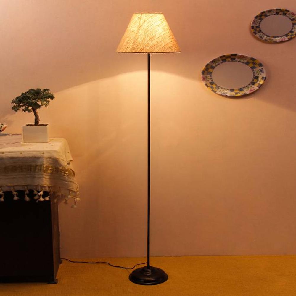 Daniesha Beige Natural Fiber Floor Lamp with Black Iron Base - Devansh