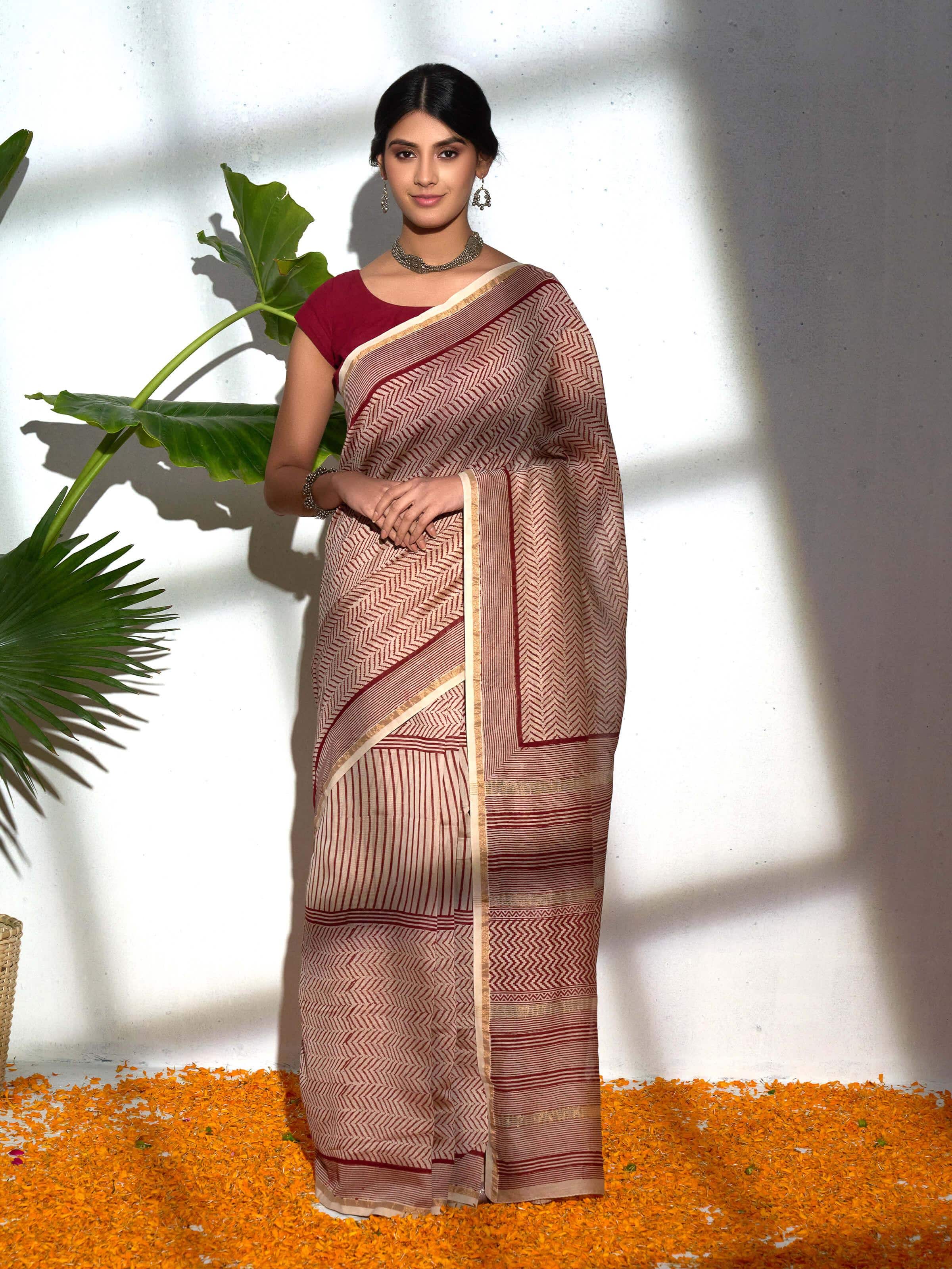 Red Chanderi Cotton Silk Bagh Block Printed Saree