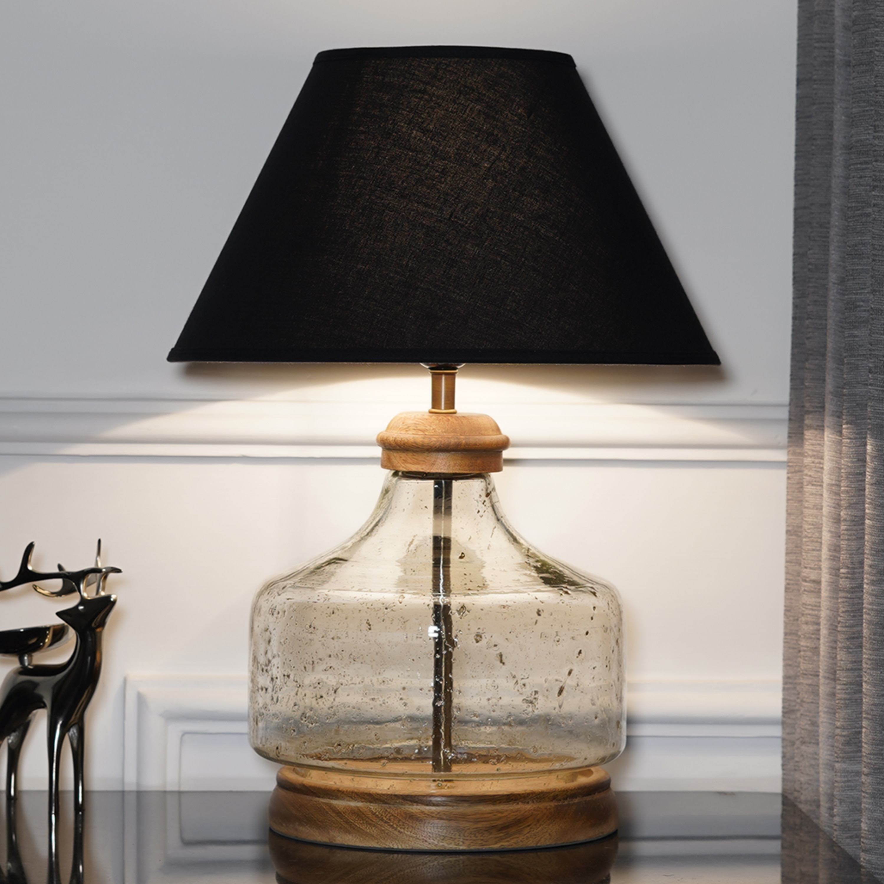 Tuscan Glass and Wood Table Lamp With Black Cotton Shade