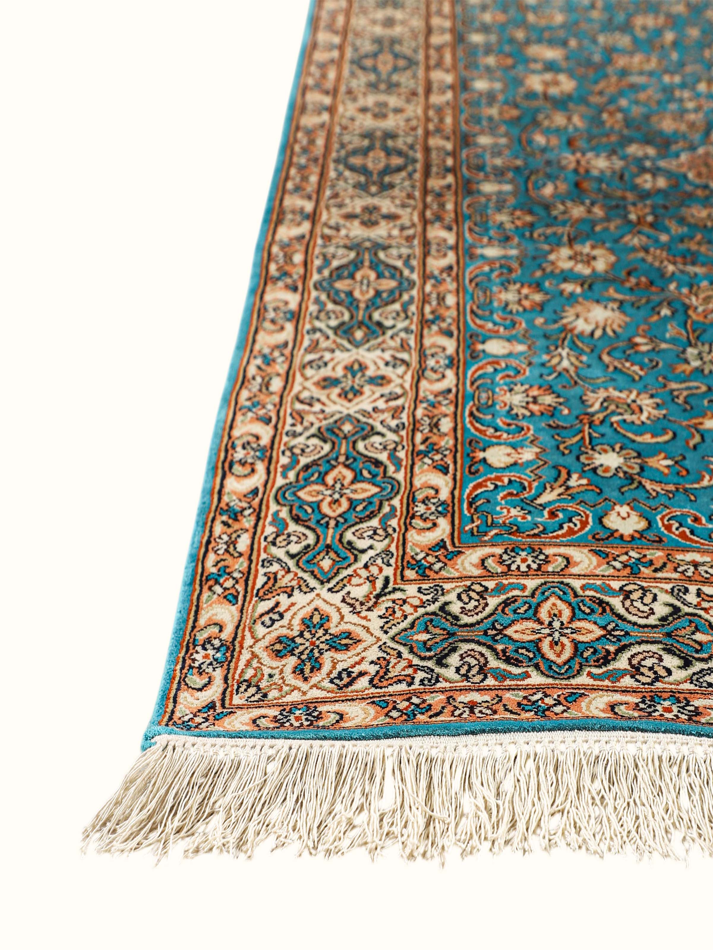 Traditional Persian Turquoise Medallion Kashmir Silk Hand-Knotted Carpet