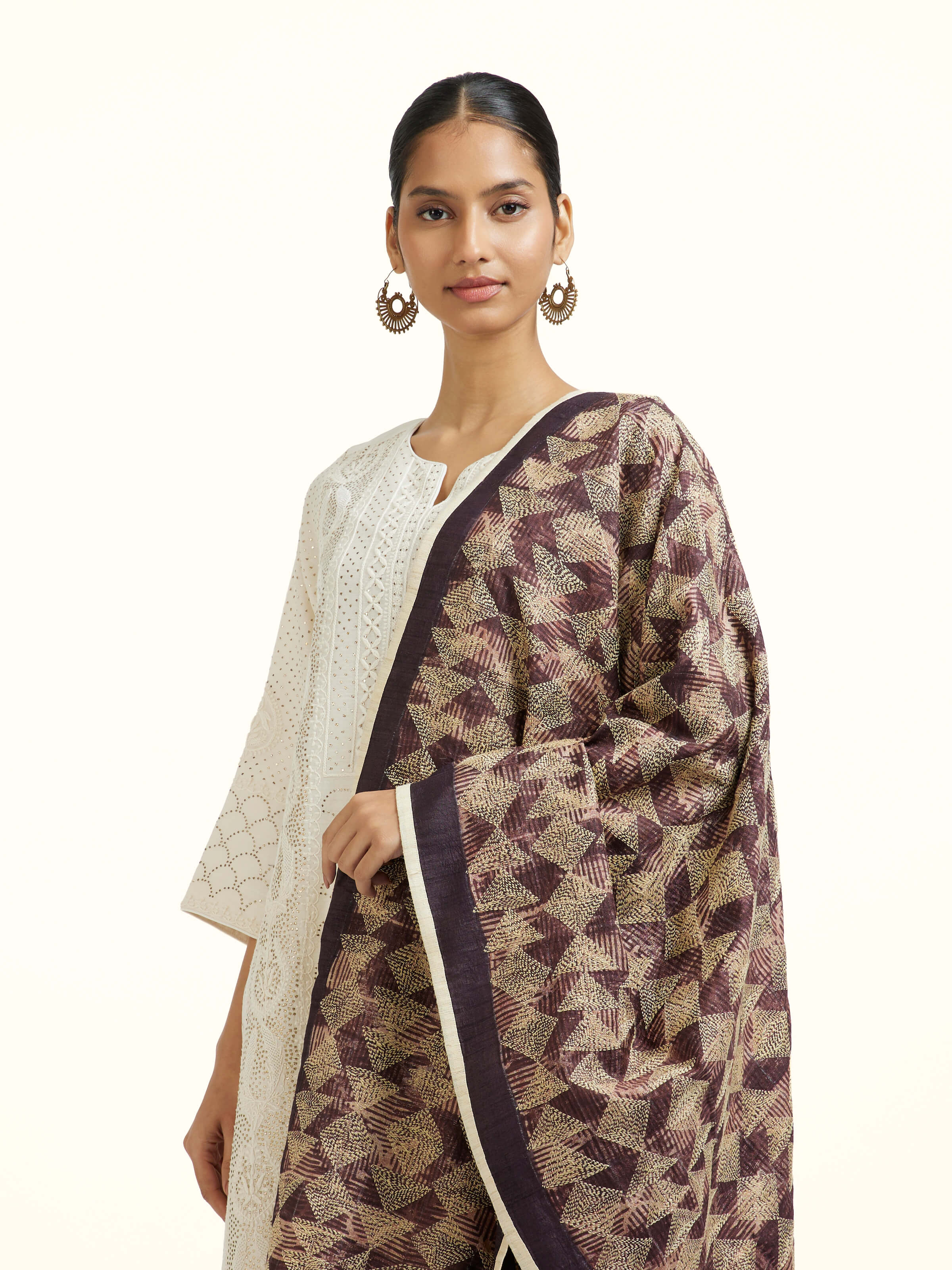 Grey Silk Kantha Hand Embroidered Dupatta