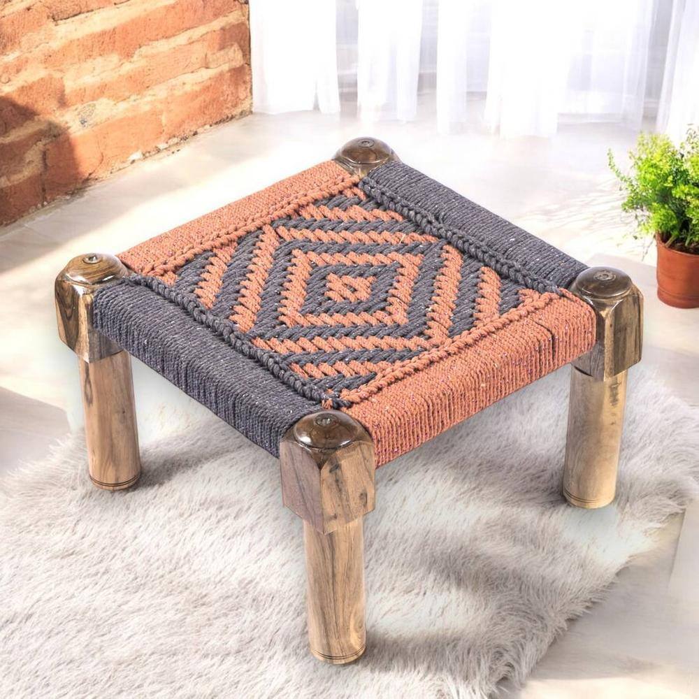 Riaza Solid Wood Maachi Foot Stool in Grey & Orange Canning