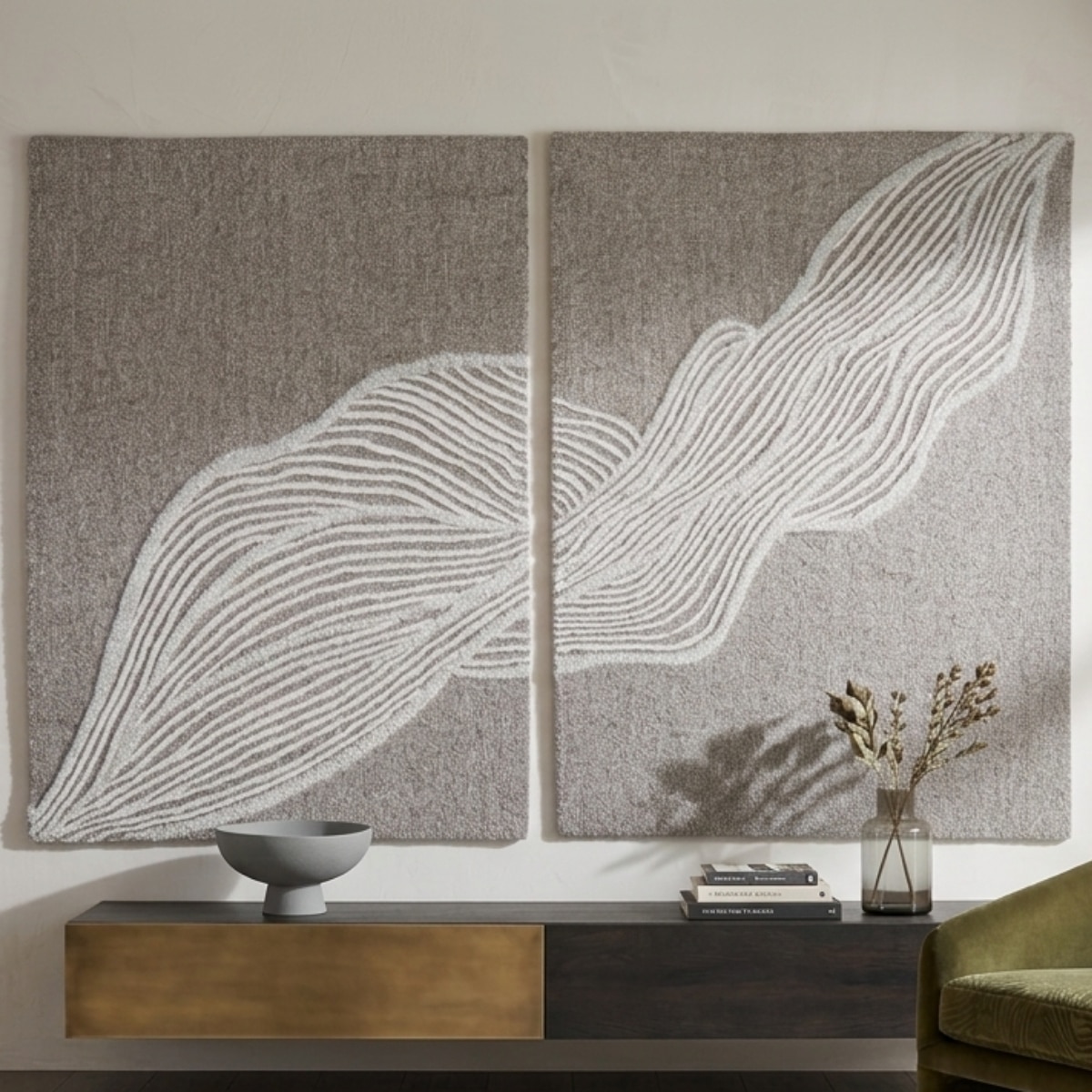 Abstract Taupe Wool Silk Wall Art 2 Panel Set 5 x 3 Feet - NEU LOOMS