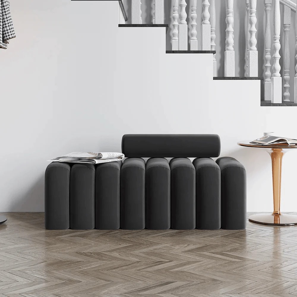 Wooden Twist Veylo Modern Line Design Bench with Round Back Pillow in Grey Colour-image-19