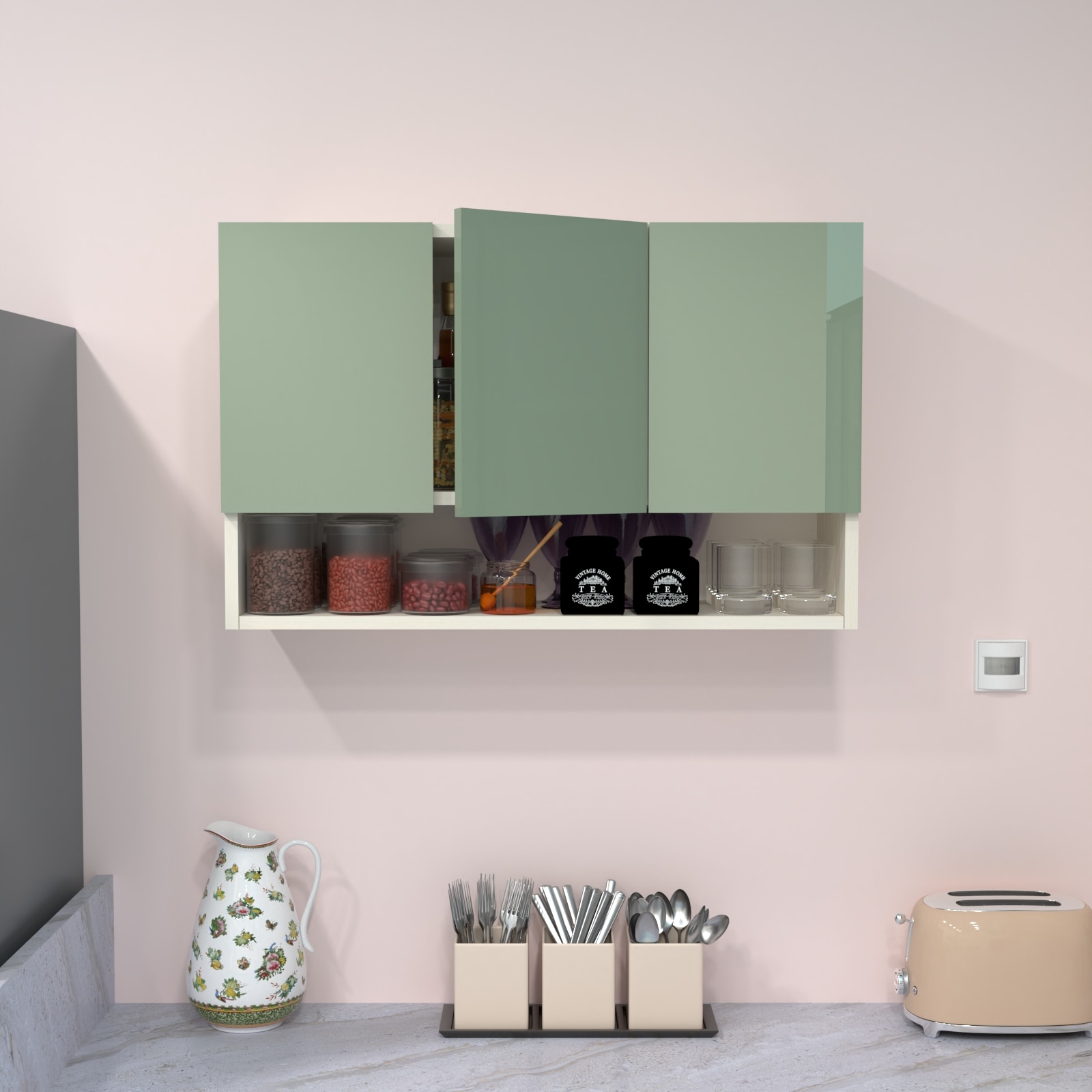 3 Door Mirror Glossy Triple Layered Uv Resistant Handless Cabinet  In Pista Light Finish - Speciality Panels