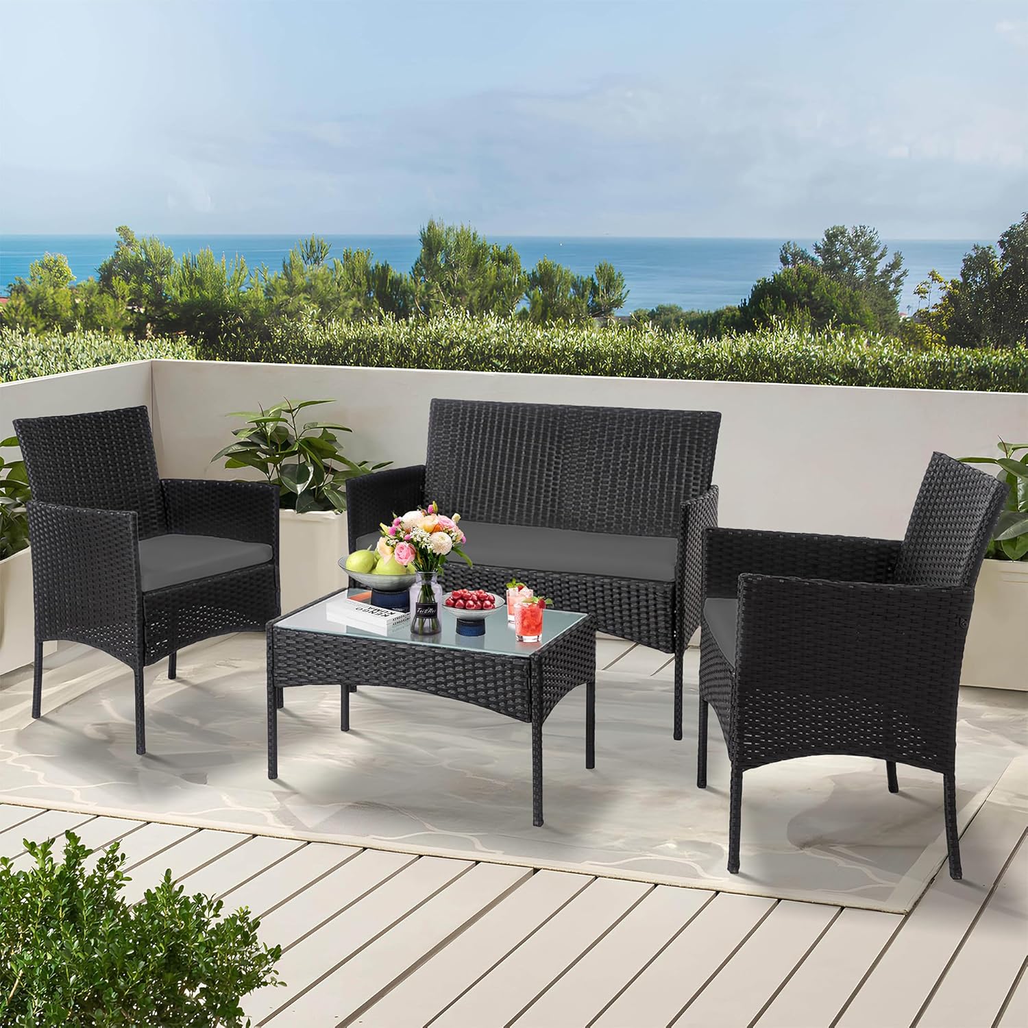 Carry Bird Wicker Patio Furniture Accessorie 4 Seater Sets In Black And Grey Colour