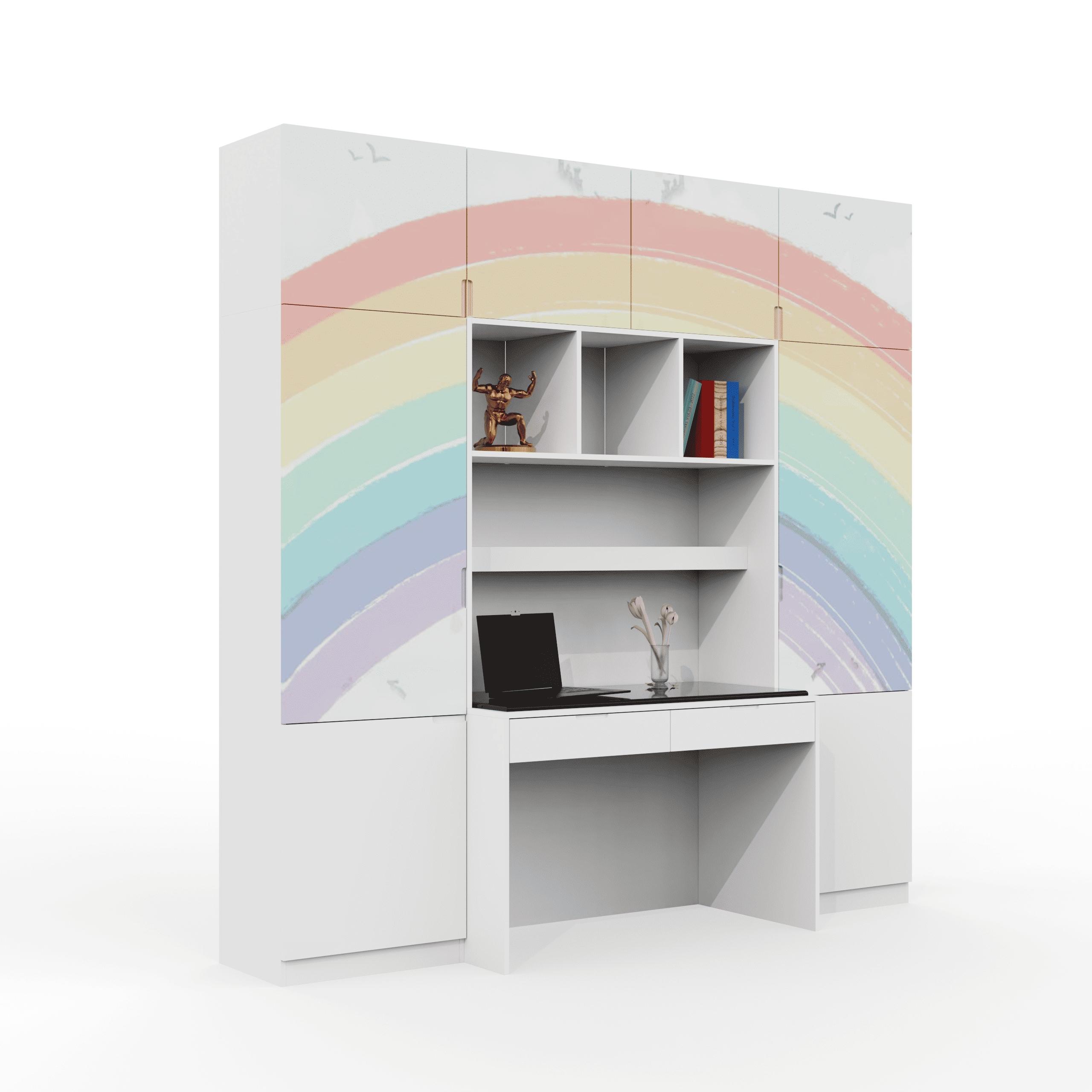 Rainbow Trails Study Table With Drawers, Cabinter And Multiple Storage In White Colour