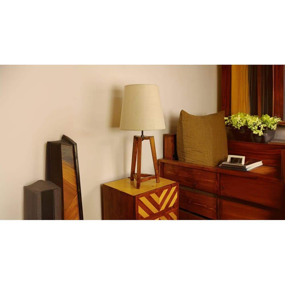 Adrienne Brown Wooden Table Lamp with White Jute Lampshade