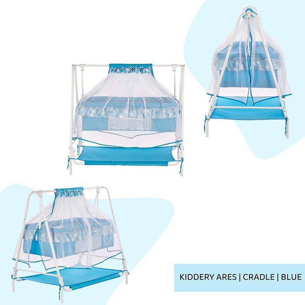 Ares Stainless Steel Baby Cradle with Mosquito Net - Clouds & Checks Clouds &Checks