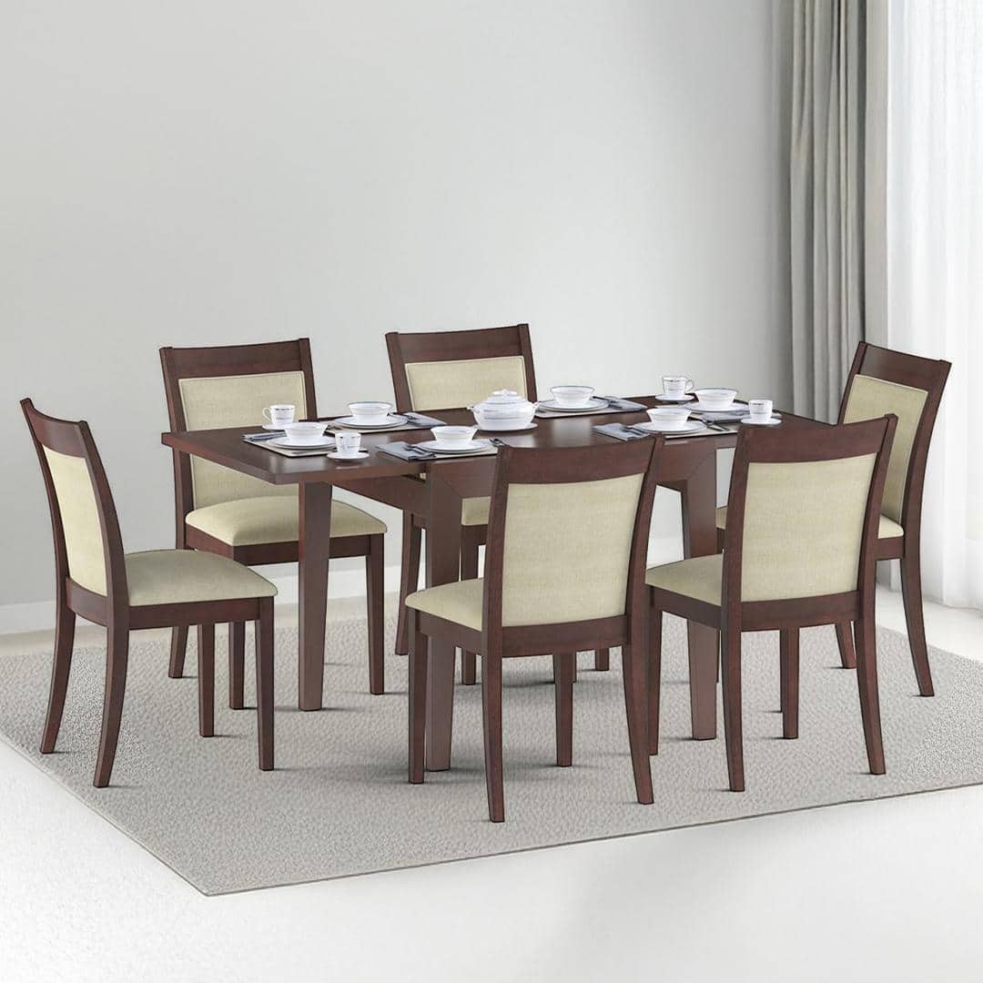 Murphy 4-To-6 Extendable - Dalla 6 Seater Dining Table Set (Colour- Beige, Finish- Dark Walnut)