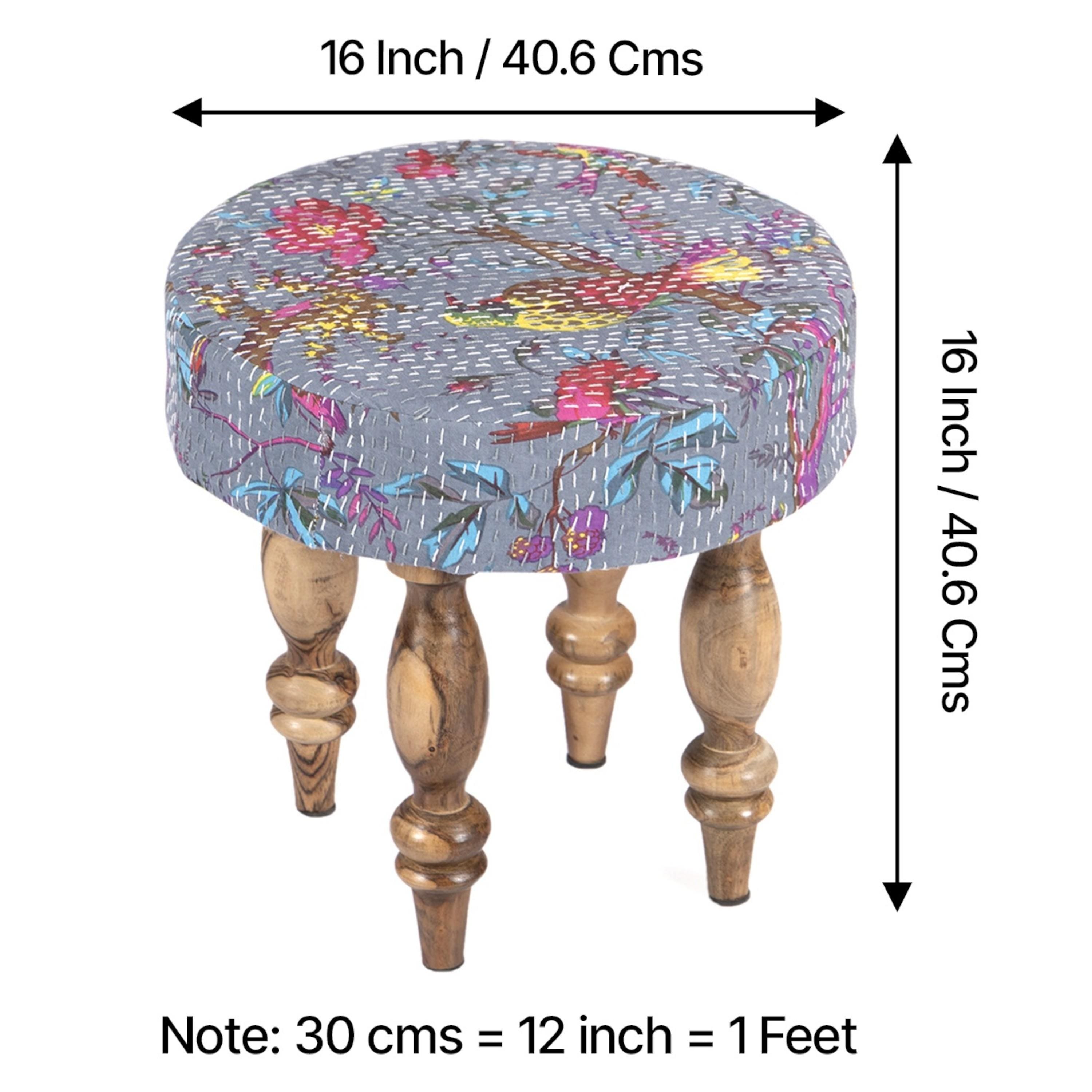 Roswell Sheesham Wood Mid Century Round Stool in Grey Brid Print Kantha Upholstery