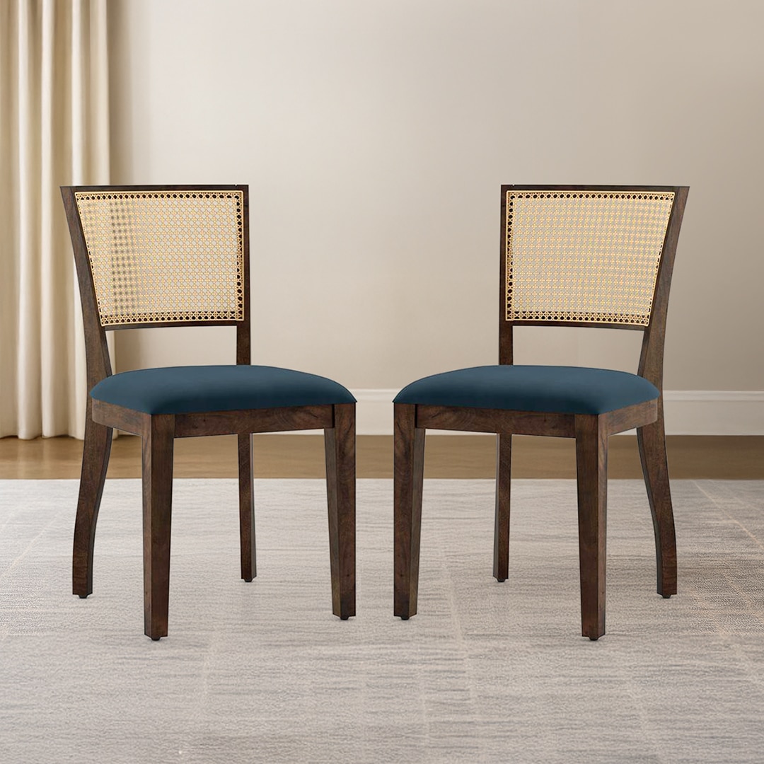 Reed Cane Chair Set Of 2 In Danish Walnut And Colour Night Blue Velvet