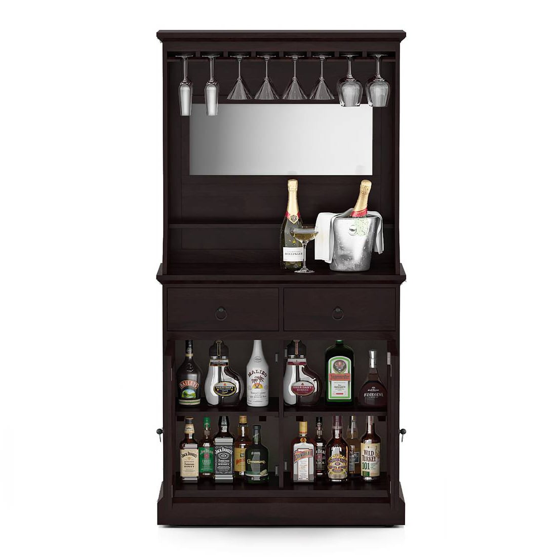 Riveria Solid Wood Free Standing Bar Cabinet in Mahogany Finish