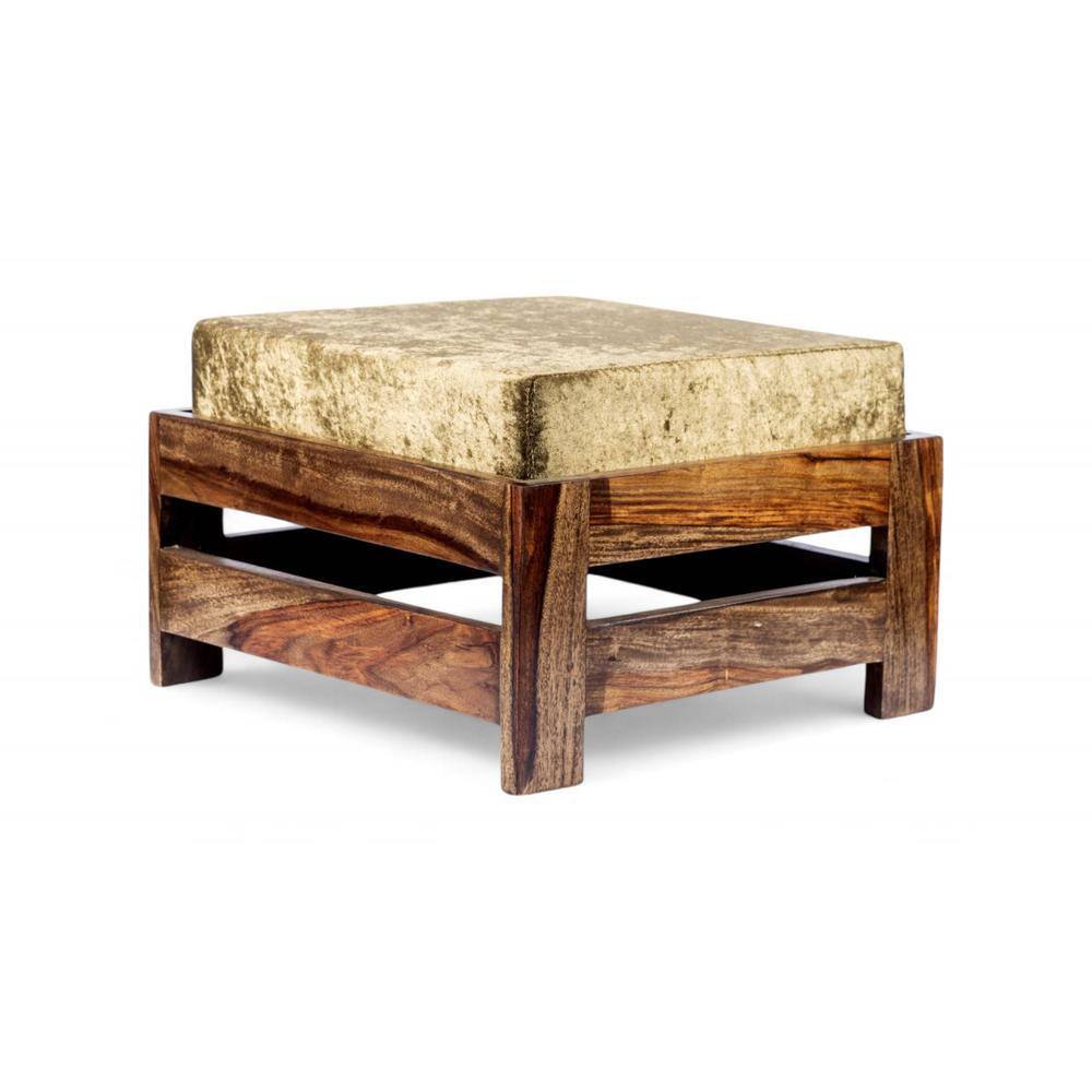 Amber Sheesham Wood Foot Stool in Teak Finish with Velvet Green Cushion