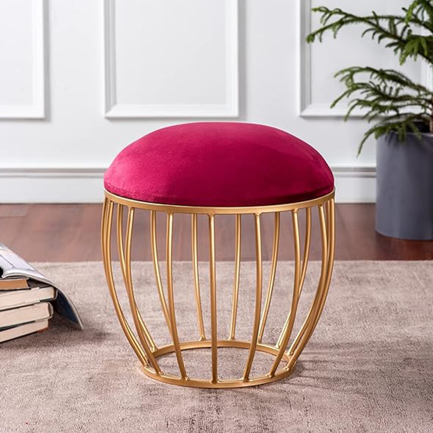 Lush Velvet Cage Metallic Stool in Maroon Color