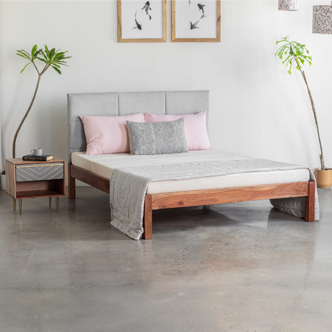Toshi Solid Wood King Non Storage Bed in Grey Colour - Orange Tree