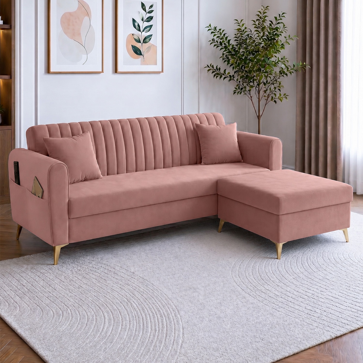 Daraco Velvet L shape 4 Seater Sofa in Peach Color - Home Lifestylez
